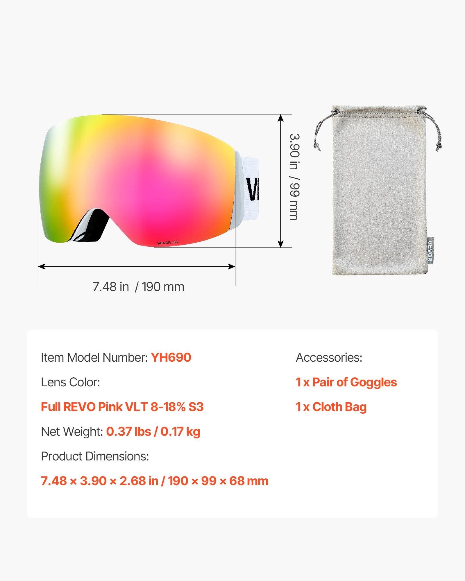 VEVOR Frameless Ski Goggles, Spherical Lens with Pink Revo Coating, OTG Anti fog Snow Goggles for Men Women Youth, TPU Frame & Ventilation Structure, Suitable for Skiing, Skating, Snowboarding