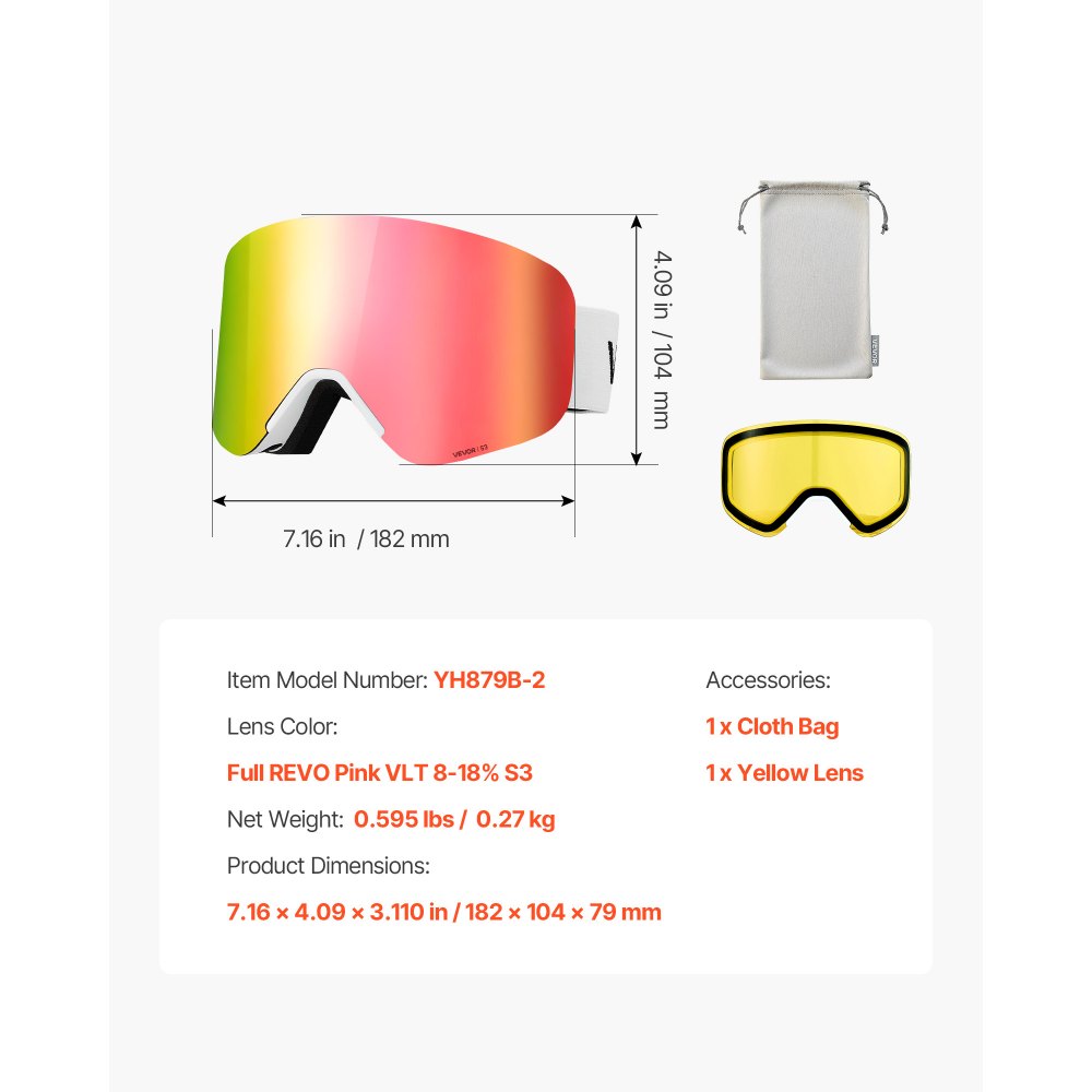 VEVOR rahmenlose Skibrille, magnetische zylindrische Linse mit rosa Revo-Beschichtung, OTG-Antibeschlag-Motorradbrille, Motocross Brille, Schutzbrille, geeignet zum Skifahren, Skaten, Snowboarden