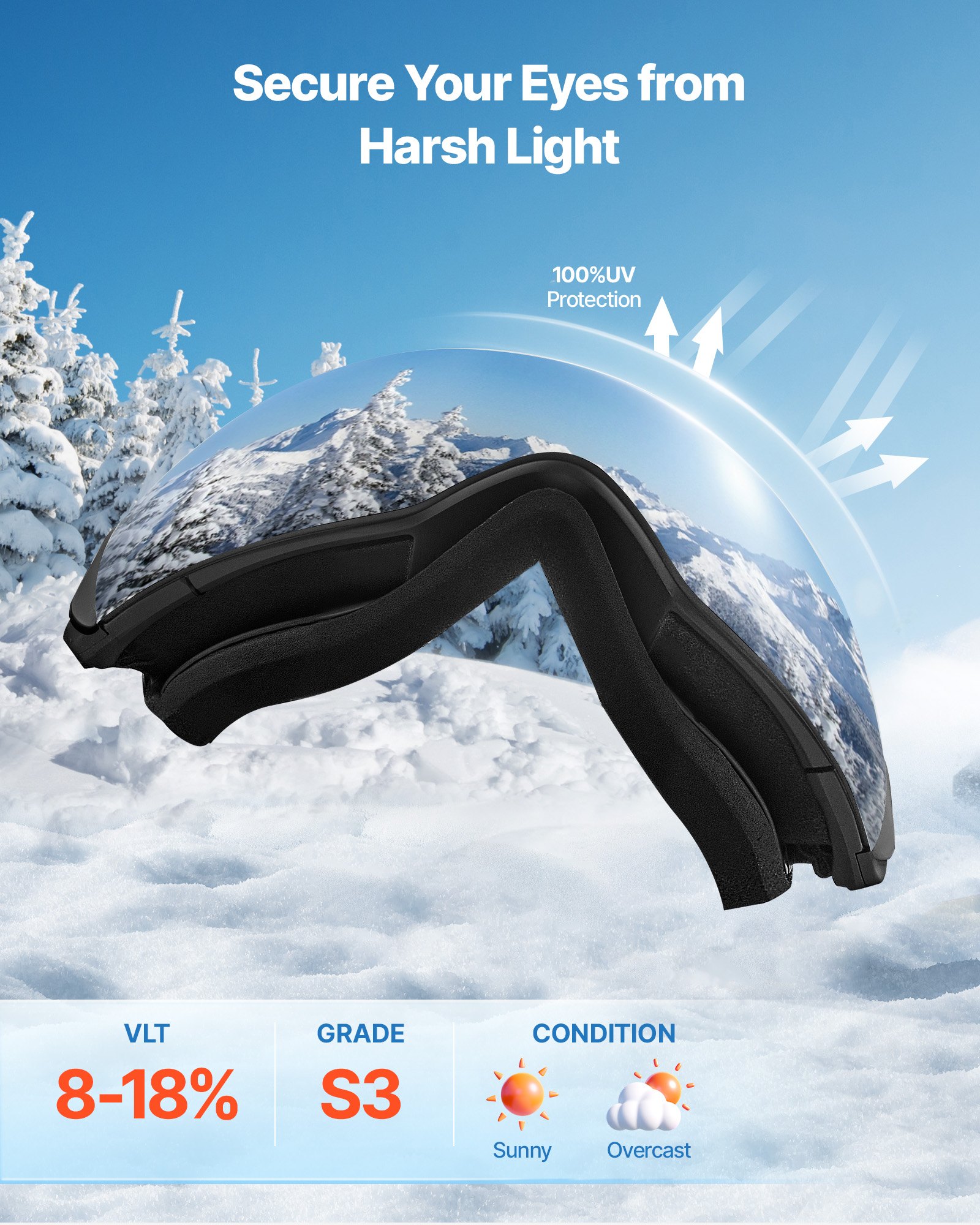 VEVOR Rahmenlose Skibrille, sphärische Linse mit Silver Mirror Revo-Beschichtung, OTG Anti-Beschlag-Motocross-Brille, Motorradbrille, Crossbrille, Schutzbrille, für Skifahren, Skaten, Snowboarden