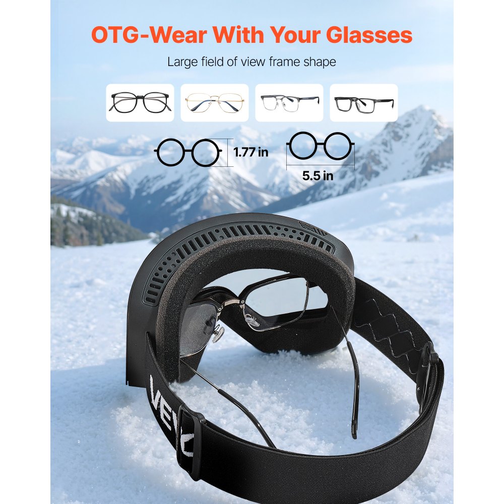 VEVOR Skibrille rahmenlos, magnetische zylindrische Linse mit silberner Spiegel-Revo-Beschichtung, OTG-Antibeschlag-Schutzbrille, Motorradbrille, geeignet zum Skifahren, Skaten, Snowboarden