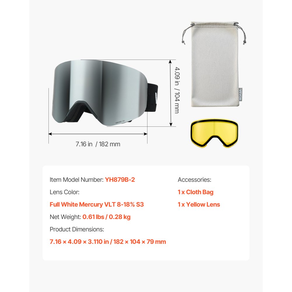 VEVOR Skibrille rahmenlos, magnetische zylindrische Linse mit silberner Spiegel-Revo-Beschichtung, OTG-Antibeschlag-Schutzbrille, Motorradbrille, geeignet zum Skifahren, Skaten, Snowboarden