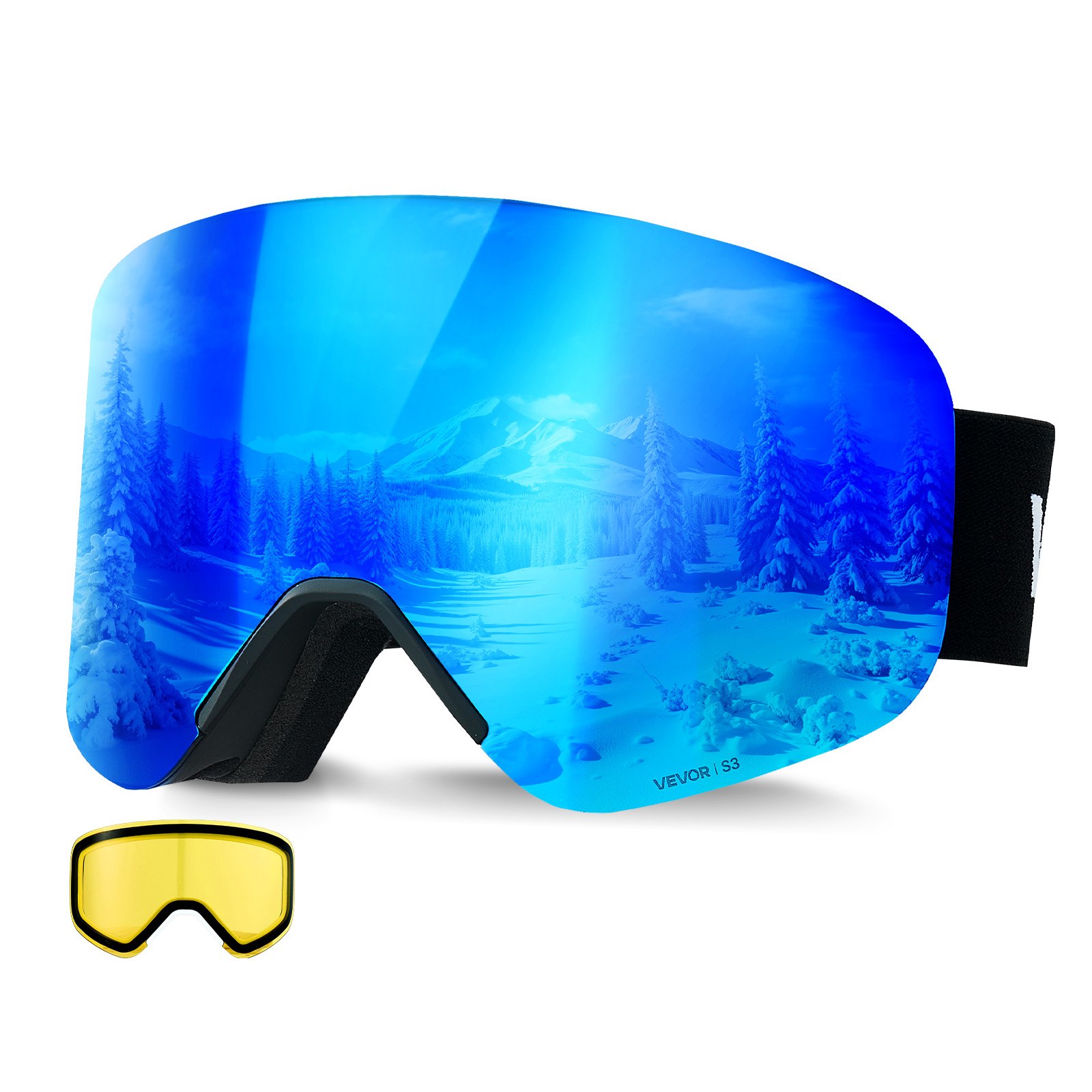 VEVOR Frameless Ski Goggles, Magnet Cylindrical Lens with Dark Blue Revo Coating, OTG Anti fog Snow Goggles for Men Women, TPU Frame & Ventilation Structure, Fit for Skiing, Skating, Snowboarding