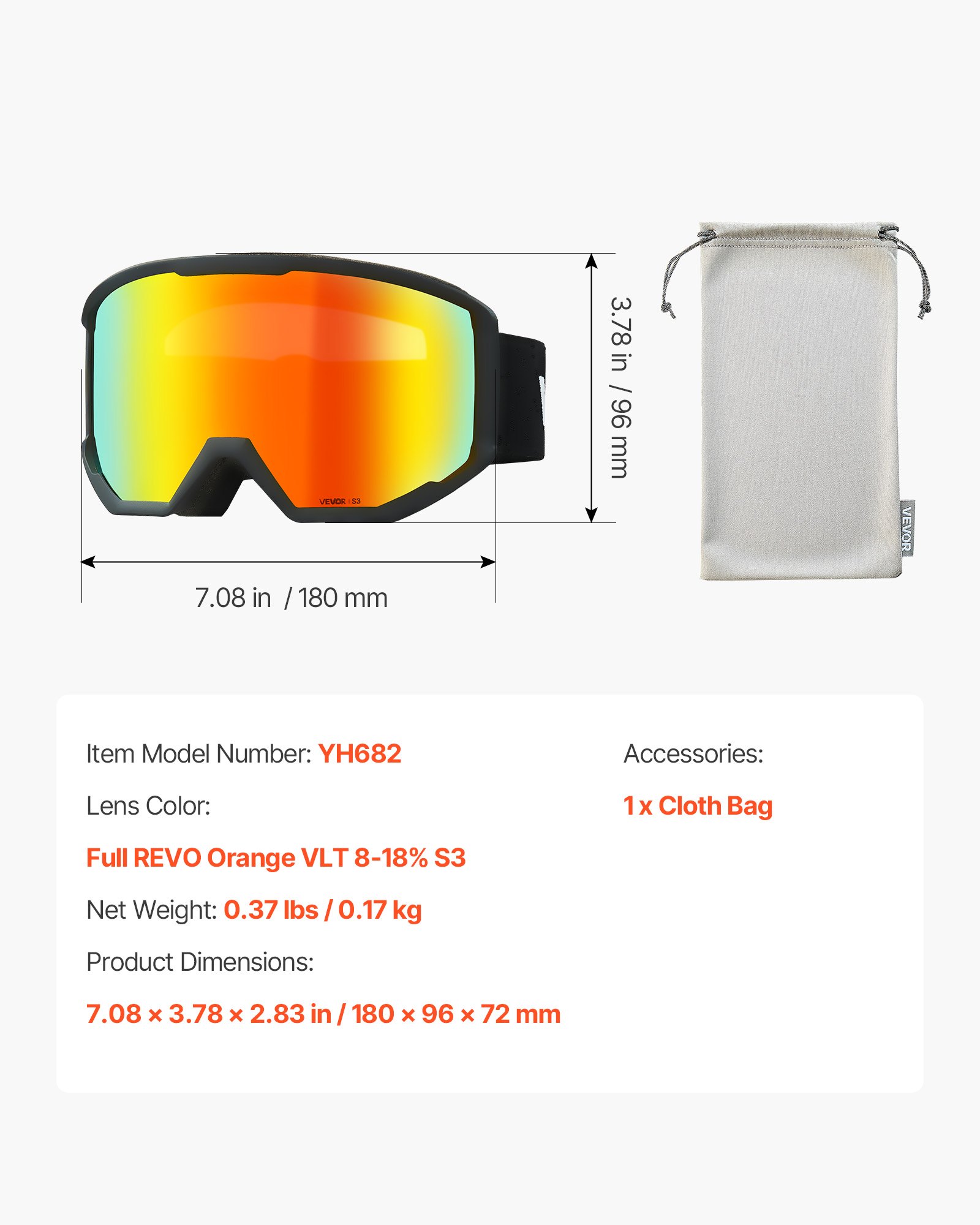 VEVOR Skibrille, zylindrische Linse mit orangefarbener Revo-Beschichtung, OTG-Antibeschlag-Motocross Brille, TPU-Rahmen und Belüftungsstruktur, Motorradbrille für Skifahren, Snowboarden, Radfahren