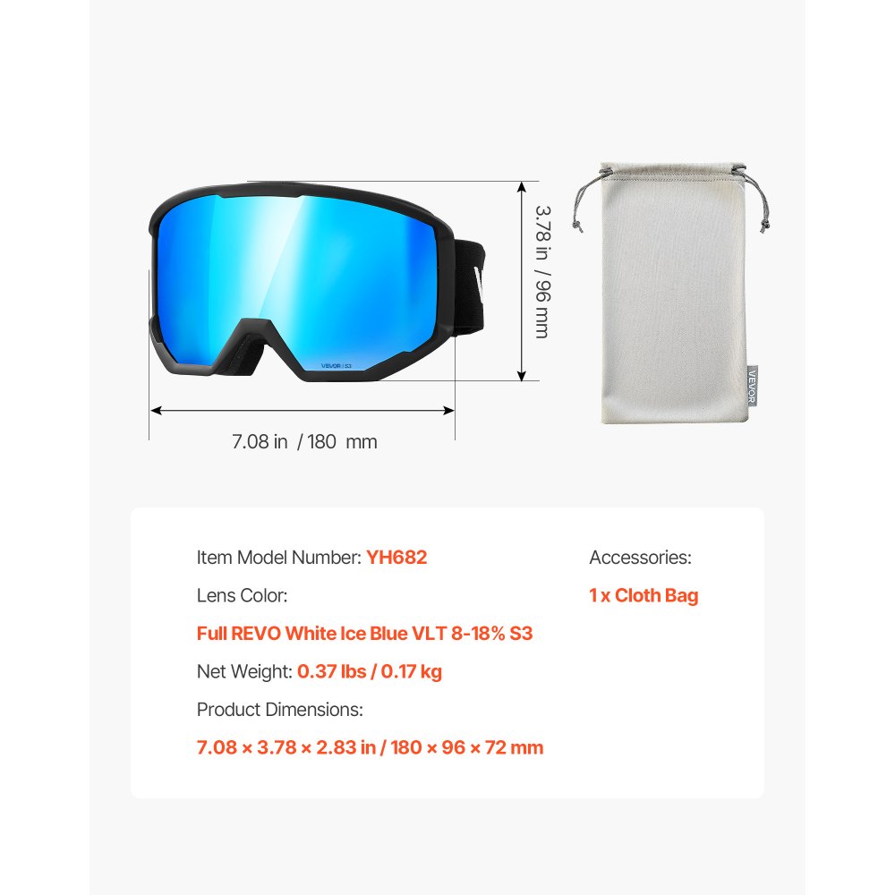 VEVOR Skibrille, zylindrische Linse mit eisblauer Revo-Beschichtung, OTG-Antibeschlag-Motocross Brille, TPU-Rahmen und Belüftungsstruktur, Motorradbrille für Skifahren, Snowboarden, Radfahren