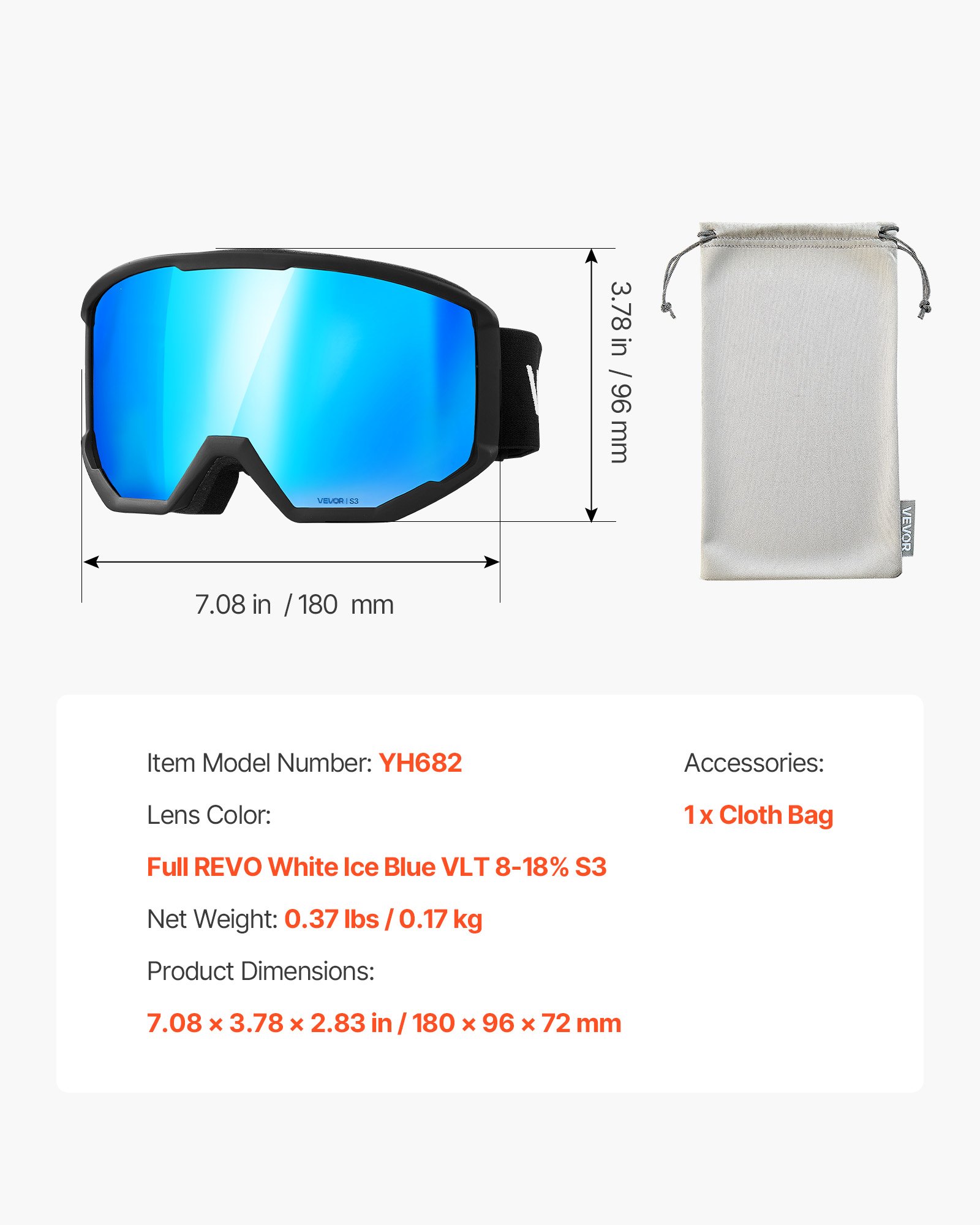 VEVOR Skibrille, zylindrische Linse mit eisblauer Revo-Beschichtung, OTG-Antibeschlag-Motocross Brille, TPU-Rahmen und Belüftungsstruktur, Motorradbrille für Skifahren, Snowboarden, Radfahren