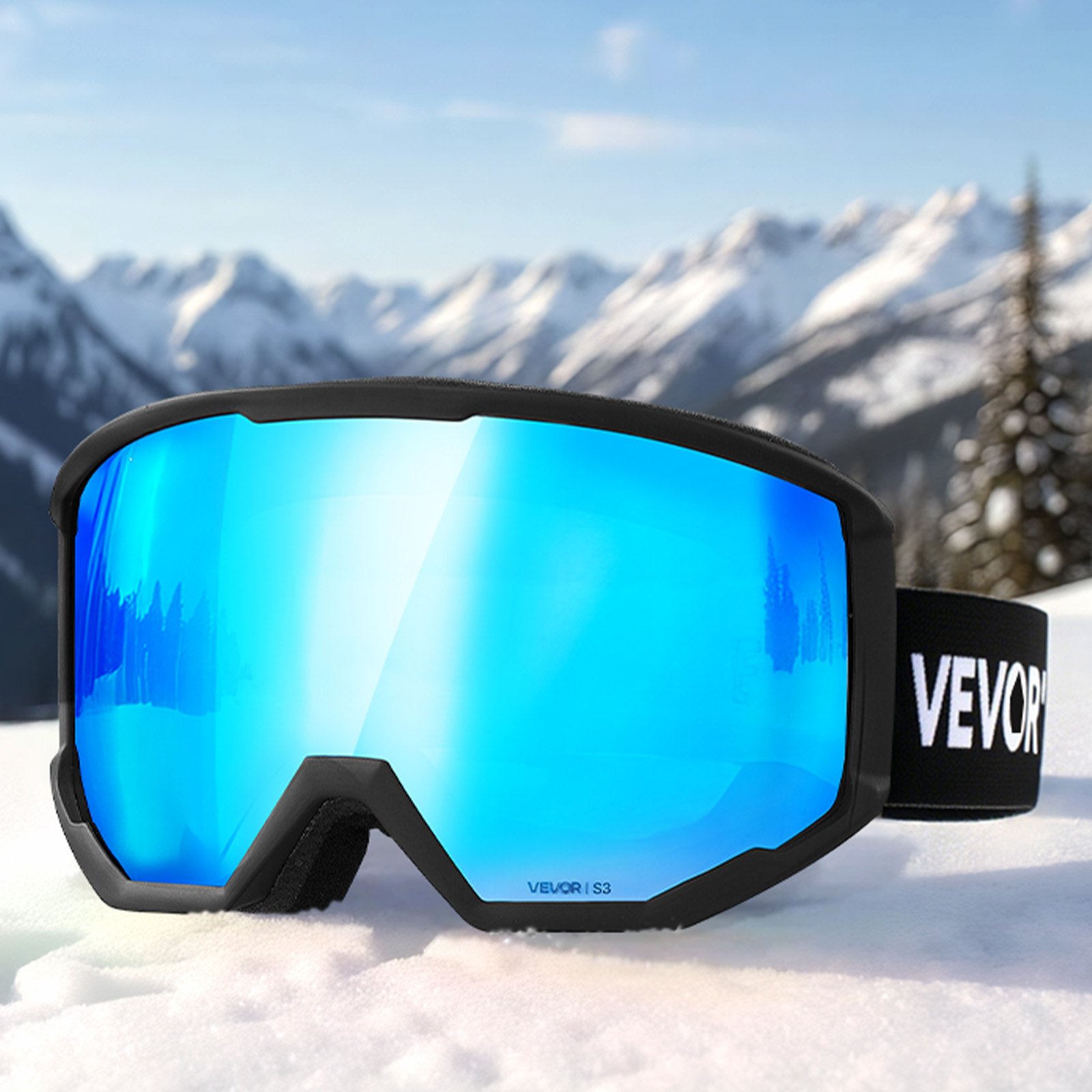 VEVOR Skibrille, zylindrische Linse mit eisblauer Revo-Beschichtung, OTG-Antibeschlag-Motocross Brille, TPU-Rahmen und Belüftungsstruktur, Motorradbrille für Skifahren, Snowboarden, Radfahren