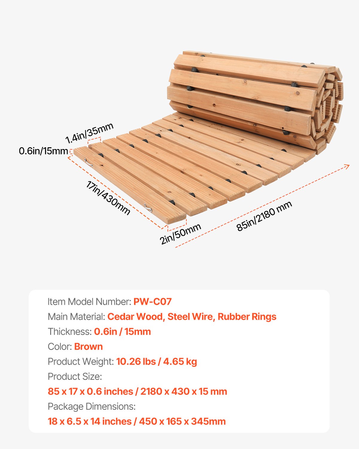 VEVOR Rollweg Gartenweg 218x43 cm, Ausrollbarer Holzweg, Gehweg aus Zedernholz mit Drahtseilverbindung, Holztritt, Gartentritt, dekorative Trittplatten für Strandpromenade, Hinterhof, Terrasse