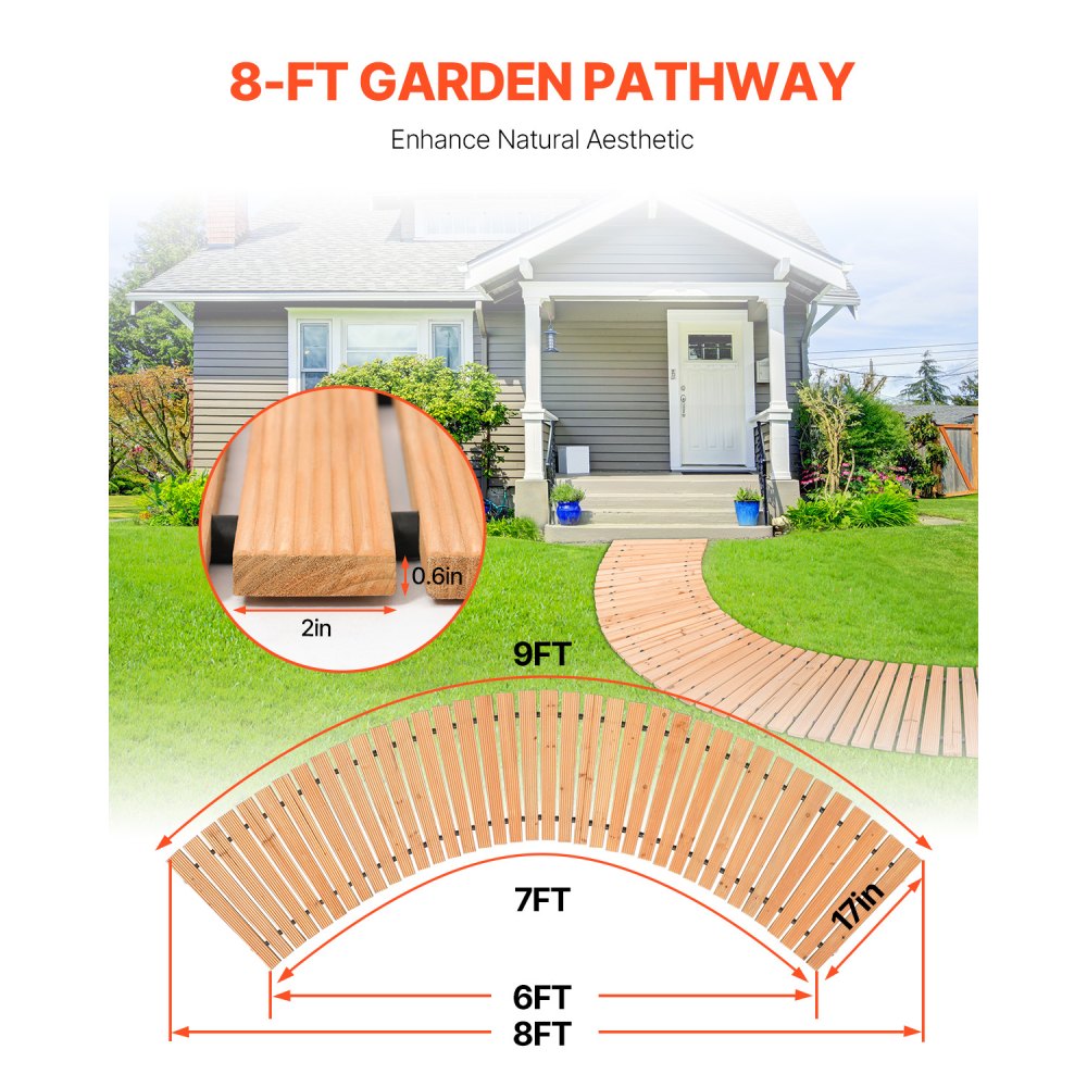 VEVOR Roll-Up Garden Path 253x43 cm, Roll-Up Wooden Path, Cedar Wood Walkway with Wire Rope Connection, Wooden Step, Garden Step, Decorative Stepping Stones for the Promenade, Backyard, Patio