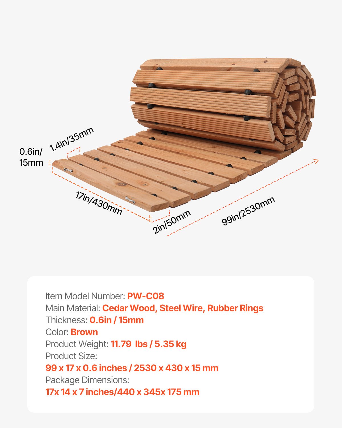 VEVOR Rollweg Gartenweg 253x43 cm, Ausrollbarer Holzweg, Gehweg aus Zedernholz mit Drahtseilverbindung, Holztritt, Gartentritt, dekorative Trittplatten für die Strandpromenade, Hinterhof, Terrasse