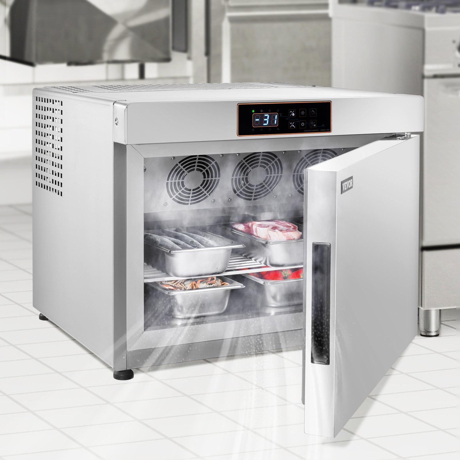VEVOR kommerzieller Schockfroster 32 L Schockkühler mit 4 x 1/3 Tabletts, Schockkühler mit Kühl- und Gefriermodi, Edelstahl-Schockfroster für Lebensmittel für Restaurants Meeresfrüchte