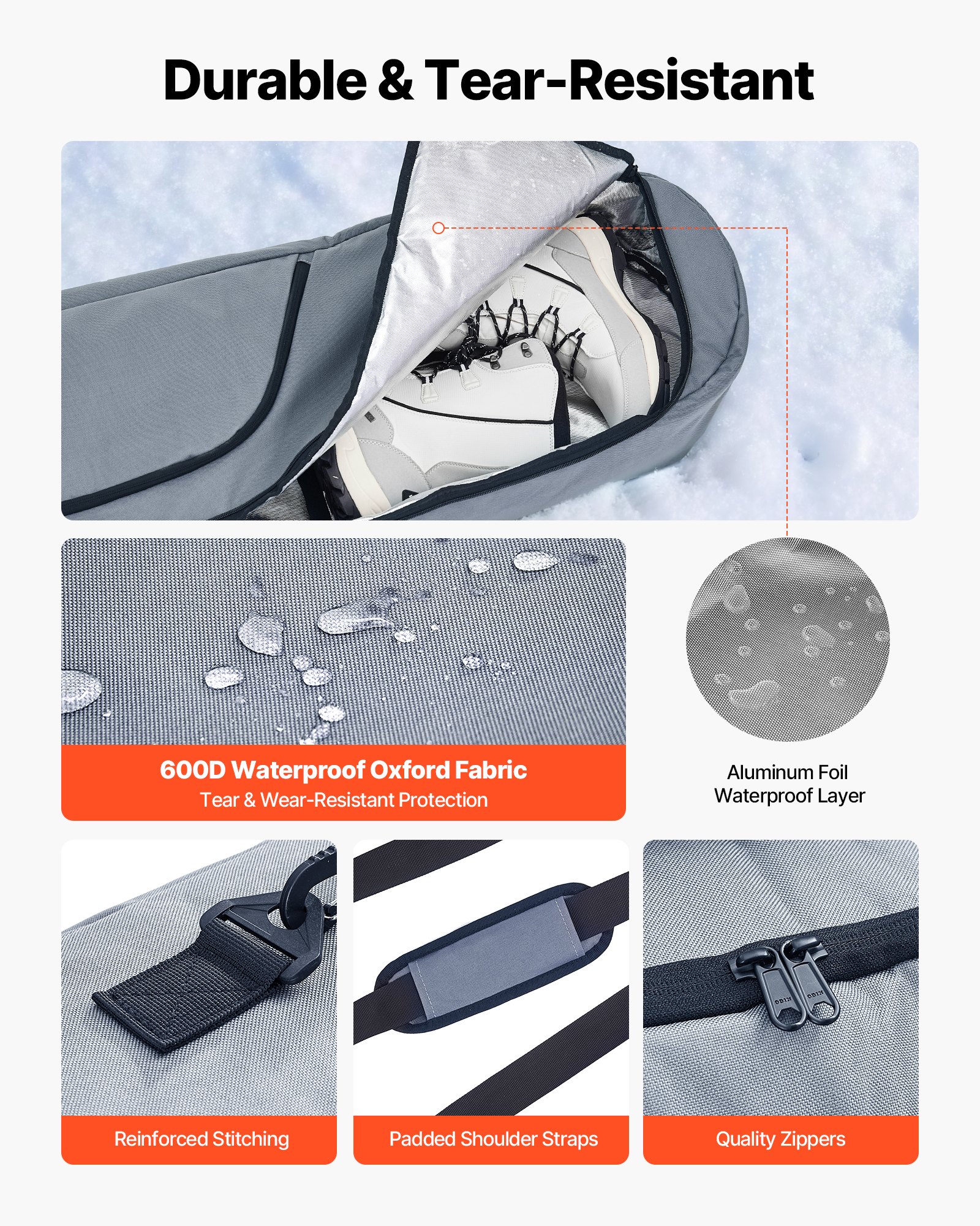 VEVOR Skitasche, bis zu 165 cm, Skibag, Skisack, Skicover, wasserdichtes 600D-Oxford-Gewebe, mit verstellbaren Innengurten, Skiersack für Skistöcke, Schutzbrillen, Handschuhe, Helme, Stiefel (Grau)