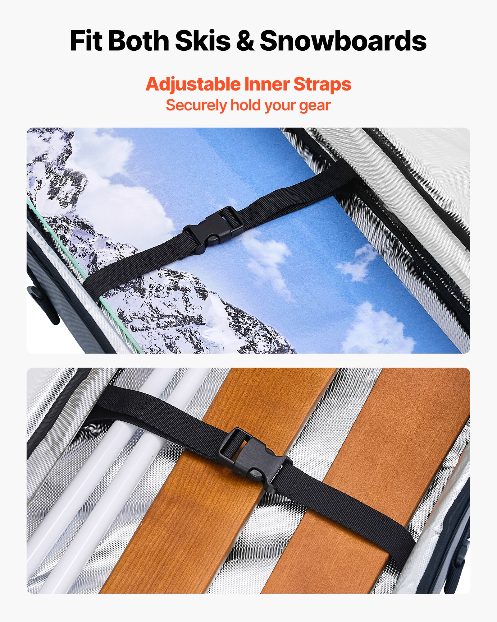 VEVOR Skitasche, bis zu 165 cm, Skibag, Skisack, Skicover, wasserdichtes 600D-Oxford-Gewebe, mit verstellbaren Innengurten, Skiersack für Skistöcke, Schutzbrillen, Handschuhe, Helme, Stiefel (Grau)