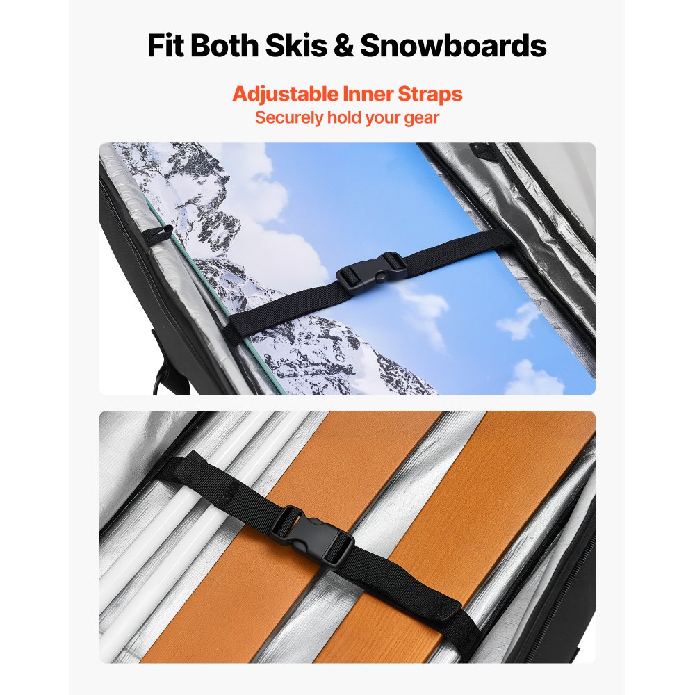 VEVOR Skitasche mit Rolle, bis zu 175 cm, Skibag, Skisack, Skicover, 600D wasserdichtes Oxford-Gewebe, mit verstellbaren Riemen, für Skistöcke, Schutzbrillen, Handschuhe, Helme, Stiefel (schwarz)