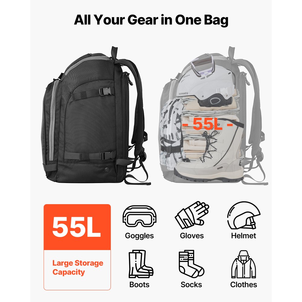 VEVOR Skitasche, 55 L, Reiserucksack für Snowboardstiefel, Skischuhtasche aus strapazierfähigem 1680D Oxford, Skisack für Ski, Snowboard, Helm, Schutzbrille, Handschuhe, Zubehör (schwarz)