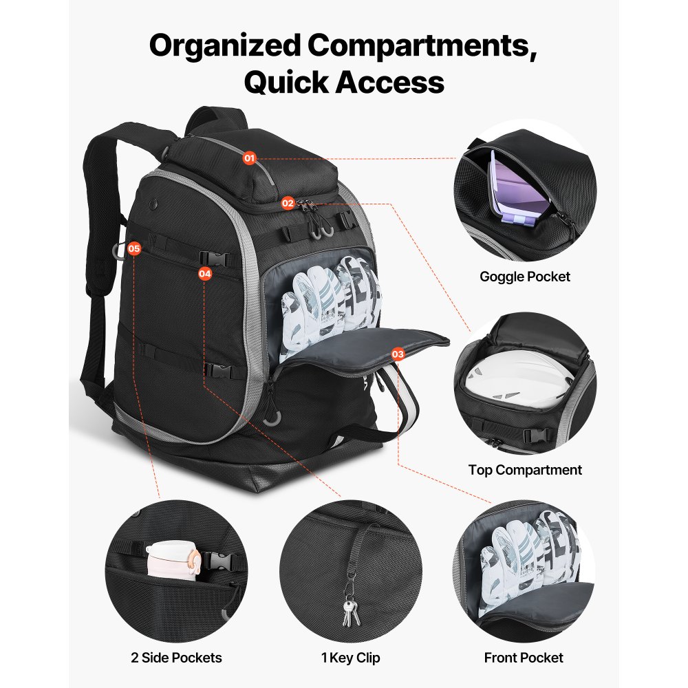 VEVOR Ski Boot Bag Snowboard Boots Travel Backpack 55L Waterproof Oxford Black