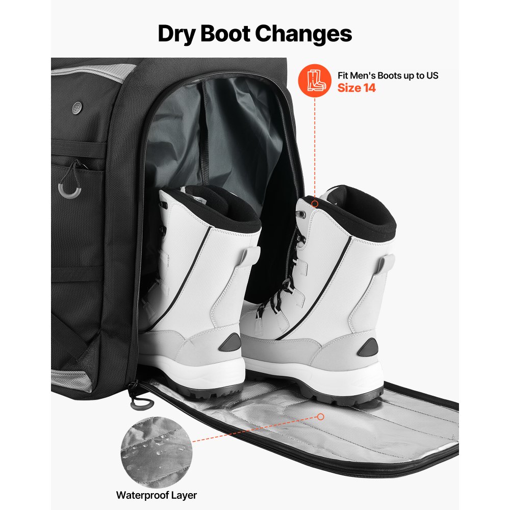 VEVOR Skischuhtasche, 70 L, Reiserucksack für Snowboardstiefel, mit wasserdichter Außenseite & Unterseite, 1680D Oxford, Tasche für Ski, Snowboard, Helm, Schutzbrille, Handschuhe, Zubehör (schwarz)