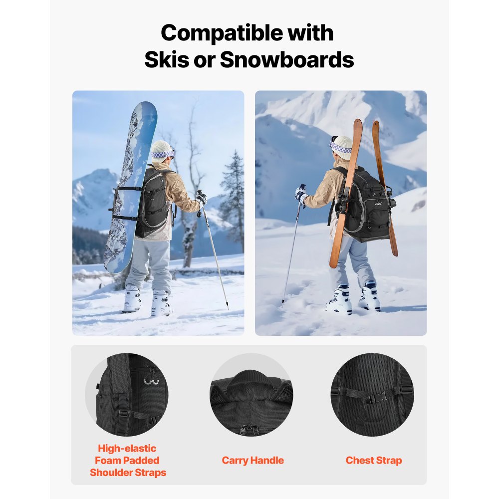 VEVOR Skischuhtasche, 70 L, Reiserucksack für Snowboardstiefel, mit wasserdichter Außenseite & Unterseite, 1680D Oxford, Tasche für Ski, Snowboard, Helm, Schutzbrille, Handschuhe, Zubehör (schwarz)