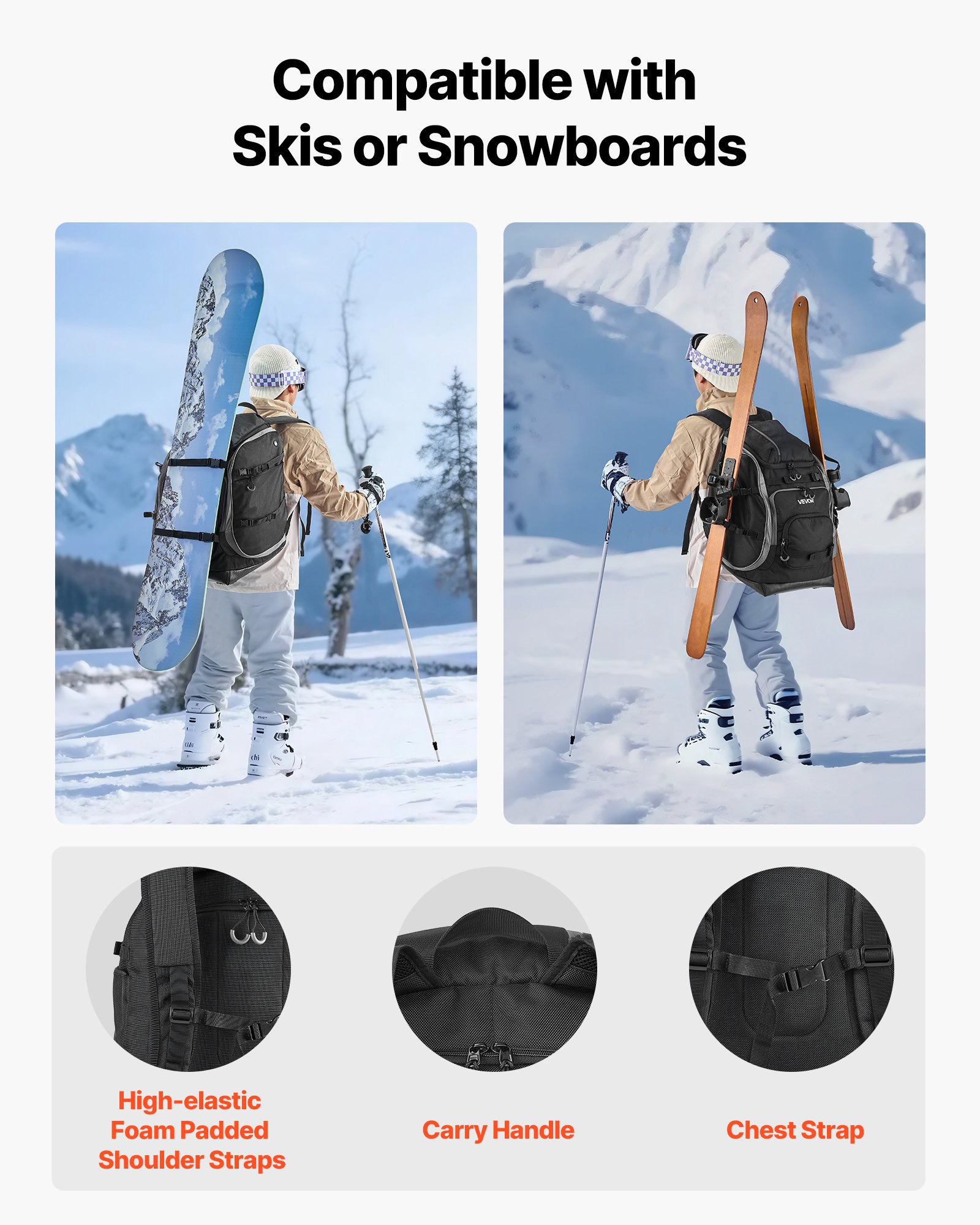 VEVOR Skischuhtasche, 70 L, Reiserucksack für Snowboardstiefel, mit wasserdichter Außenseite & Unterseite, 1680D Oxford, Tasche für Ski, Snowboard, Helm, Schutzbrille, Handschuhe, Zubehör (schwarz)