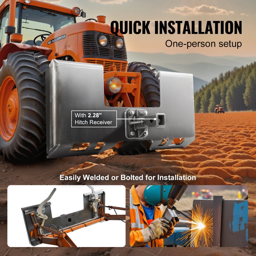 VEVOR 3/8 inch compact loader mounting plate with 5.79 cm trailer hitch, quick-release loading plate compatible with compact loaders and tractors from Deere, Kubota, Bobcat, and Mahindra