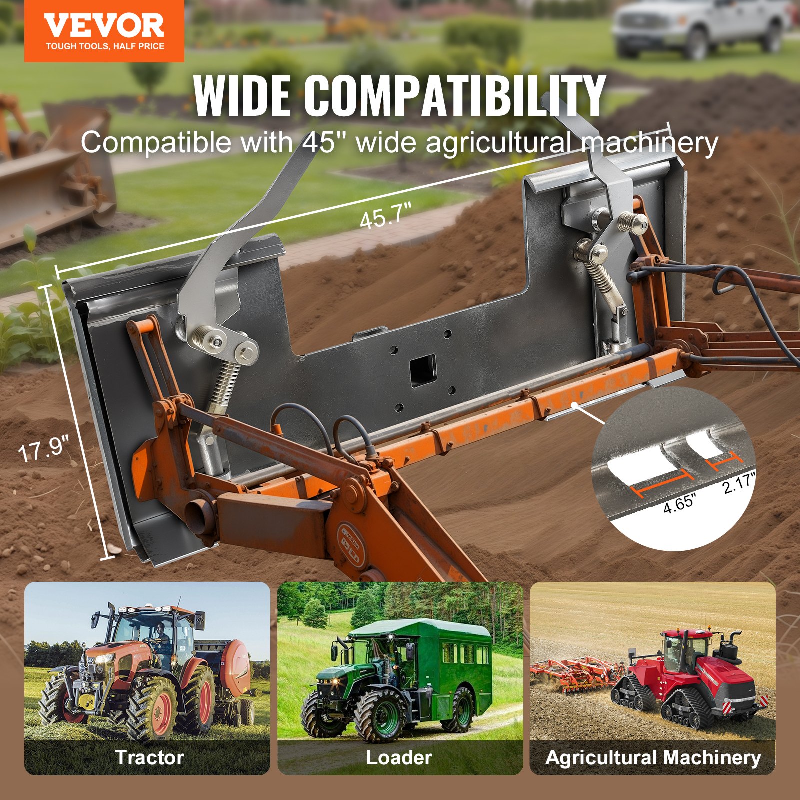 VEVOR 3/8 inch compact loader mounting plate with 5.79 cm trailer hitch, quick-release loading plate compatible with compact loaders and tractors from Deere, Kubota, Bobcat, and Mahindra