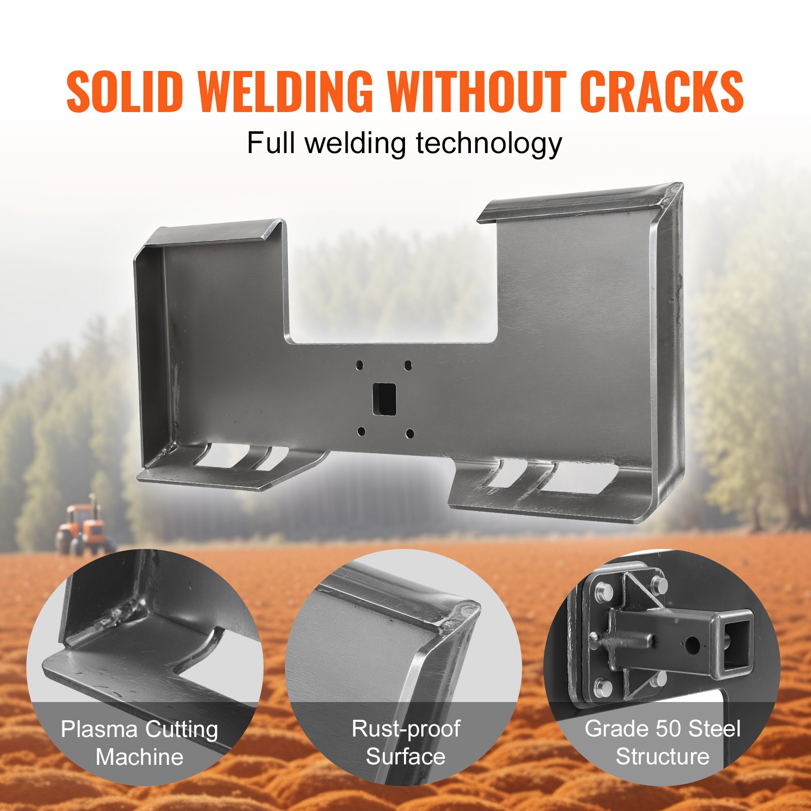 VEVOR 3/8 inch compact loader mounting plate with 5.79 cm trailer hitch, quick-release loading plate compatible with compact loaders and tractors from Deere, Kubota, Bobcat, and Mahindra