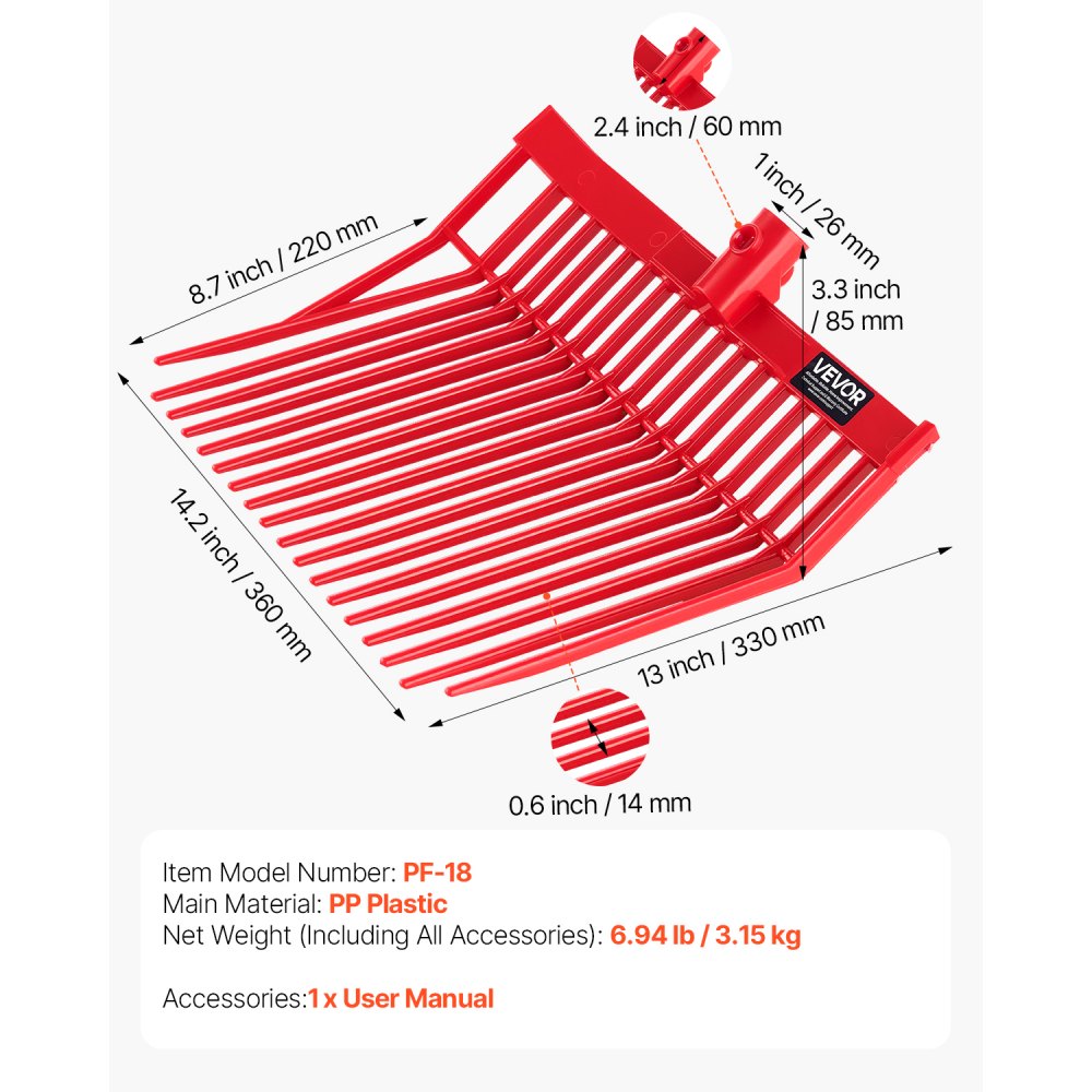 VEVOR 6er-Set Schwedengabel, 18 abgewinkelte Zinken, Mistgabelkopf für Pferde, Heugabel aus Kunststoff, Bollengabel zum Aufsammeln von Stallmist, Gras, Heu und der Reinigung von Feldarbeiten