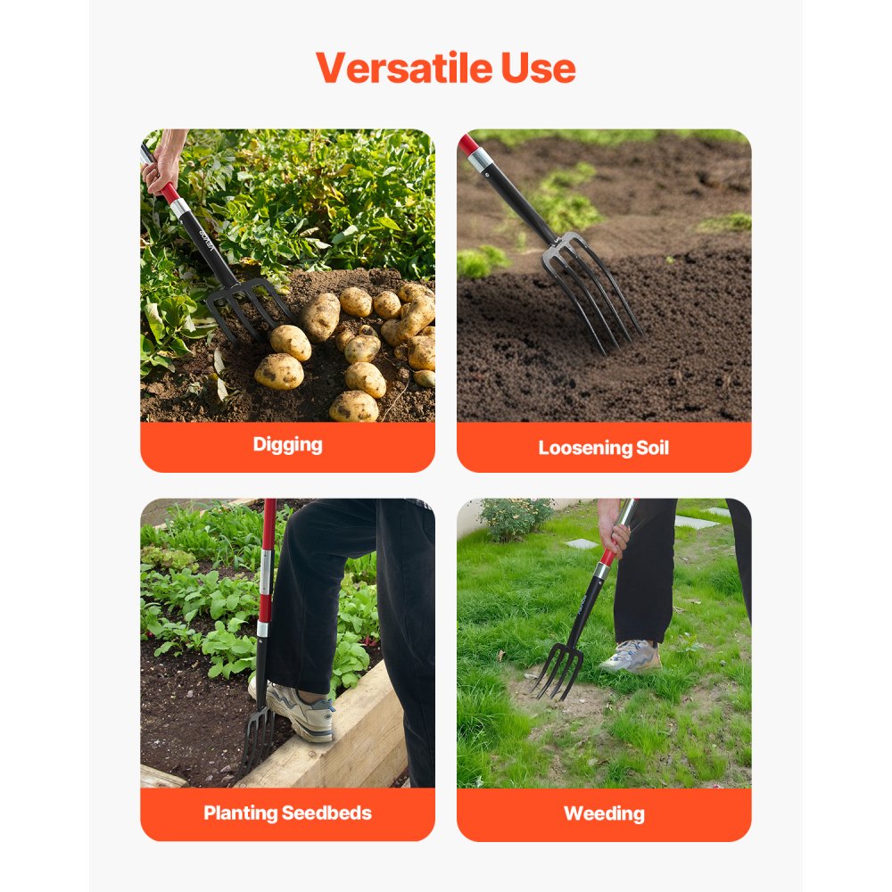 VEVOR Dunggabel, 4-Zinken-Heugabel mit Fiberglasstiel, 1150 mm Mistgabel, Mistforke mit Y-Griff, Spatengabel aus geschmiedetem Stahl für Heu, Kartoffelkompostierung, Umpflanzen und Belüftung