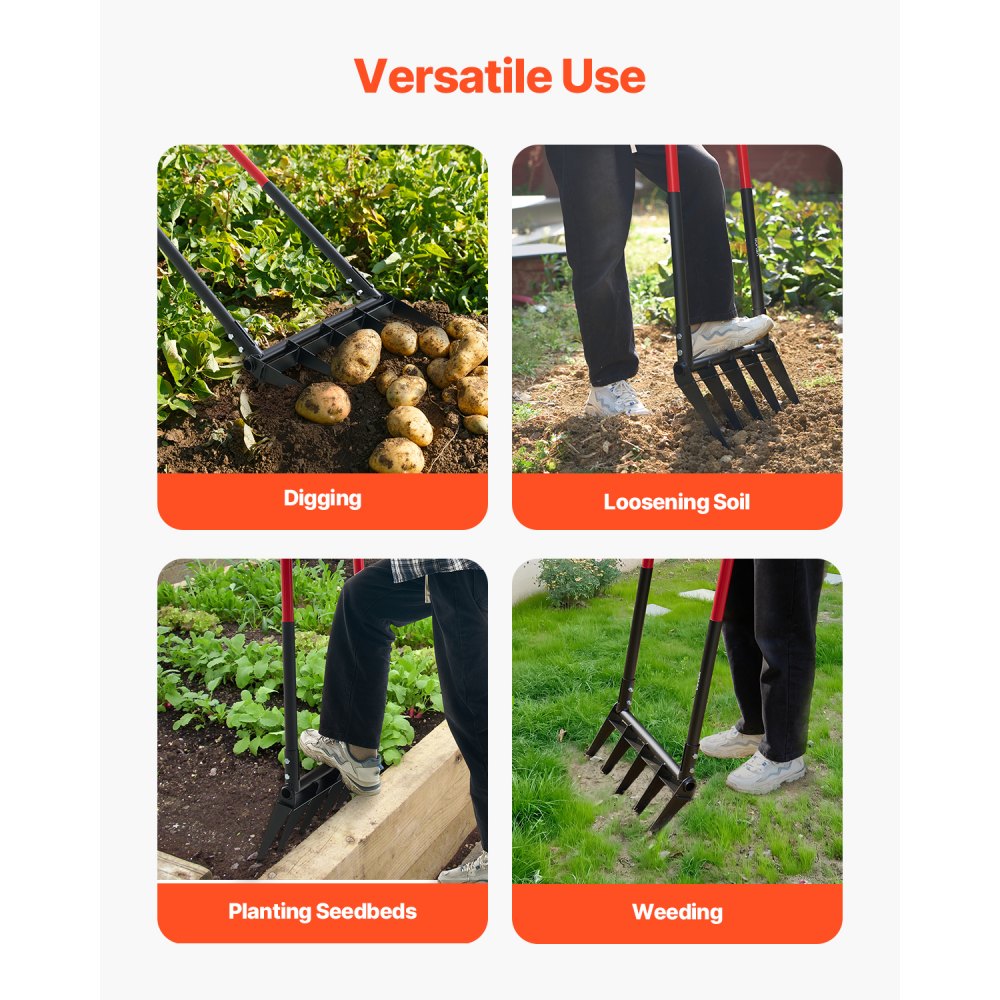 VEVOR Broadfork Doubleshaft 510x320 mm, 5-Zinken-Grabegabel mit zwei Fiberglasgriffen, robuste Spatengabel, ergonomisches U-förmiges Design, Gartengerät zum Kompostieren, Umpflanzen & Belüften