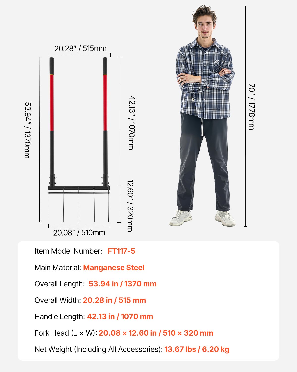 VEVOR Broadfork Doubleshaft 510x320 mm, 5-Zinken-Grabegabel mit zwei Fiberglasgriffen, robuste Spatengabel, ergonomisches U-förmiges Design, Gartengerät zum Kompostieren, Umpflanzen & Belüften