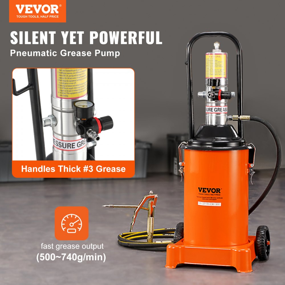 VEVOR Grease Pump 12L Air-Operated Grease Pump 0.6-0.8 MPa Aluminum Die-Cast Pump -20-100℃ Operating Temperature, Pneumatic Grease Pump NPT Connection Lubricating Grease Pump Suitable for 0-3# Grease