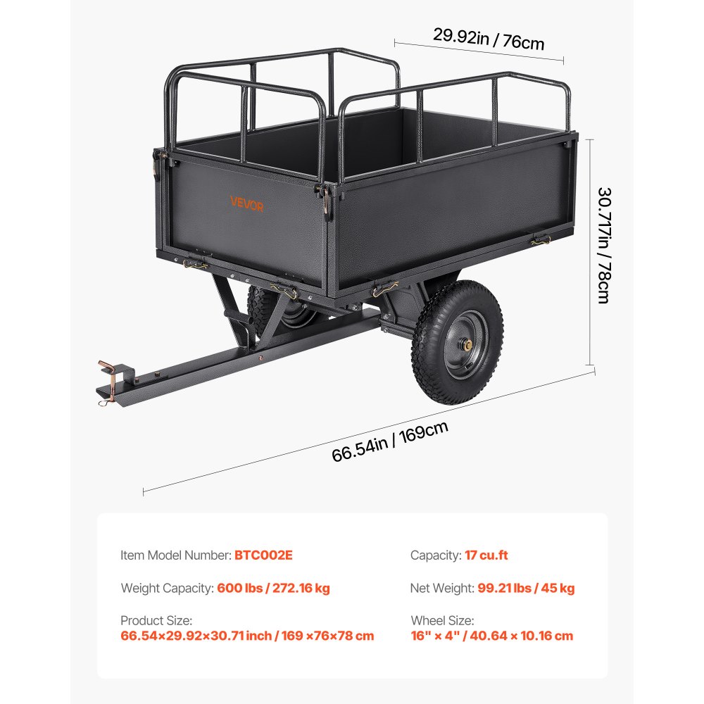 VEVOR Kippanhänger, 272 kg Fassungsvermögen, ATV-UTV-Transportanhänger, Kippwagen zum Hinterherziehen mit 40,64 cm Reifen, Handzug oder Fußpedal, Hofanhänger für Rasenmähertraktoren
