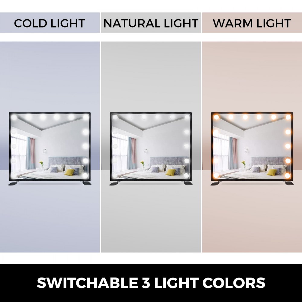 VEVOR Vanity Led Schminkspiegel 600 * 500mm kosmetikspiegel Beleuchtet mit 14 Stück Dimmbaren LED-Lampen Schminkspiegel für Tisch Kosmetik(Schwarz)
