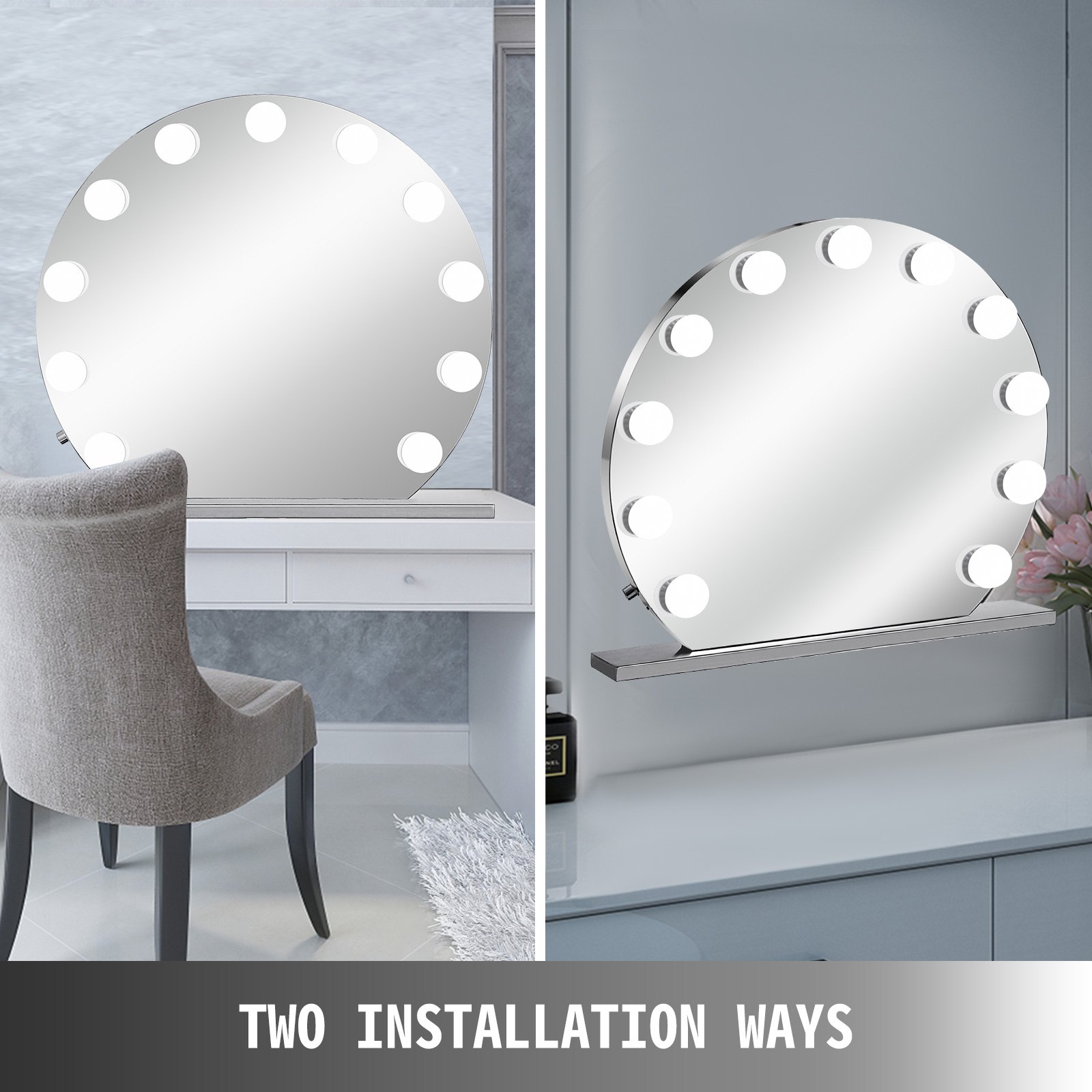 VEVOR Schminkspiegel Weiß 700 x 700 mm Ohne Grenzen Kosmetikspiegel Beleuchtet mit 12 LE einstellbar Schminkspiegel Rund mit LED Beleuchtung, Make-up Spiegel für Zuhause Wohnzimmer und Unterwegs