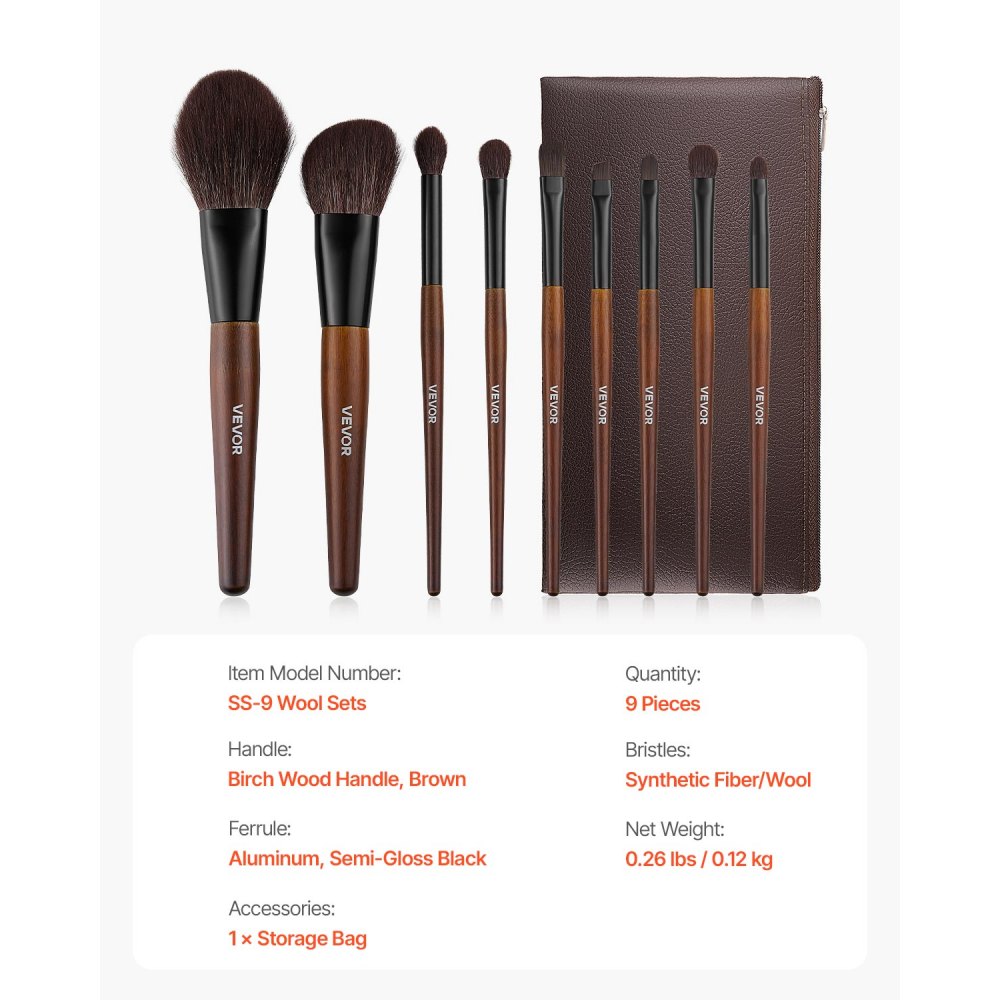 VEVOR 9-Piece Makeup Brush Set for Foundation Blending Eyeshadow, Professional Makeup Brush Kit with Soft Natural Wool & Vegan Synthetic Bristles, Ergonomic Wood Handle, Travel-Friendly Storage Bag