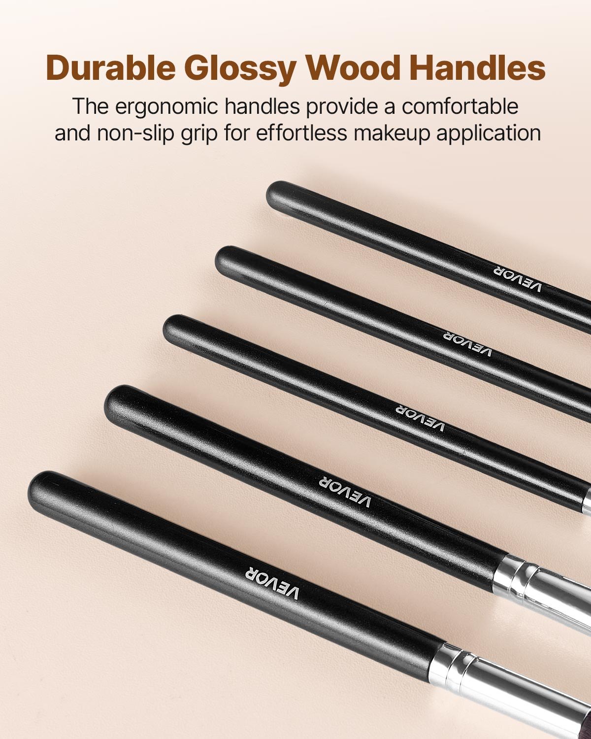 VEVOR 15-Piece Makeup Brush Set for Foundation Blending Eyeshadow, Professional Vegan Brushes with Soft Synthetic Bristles, Ergonomic Wood Handle & Aluminum Ferrule, Portable and Travel-Friendly