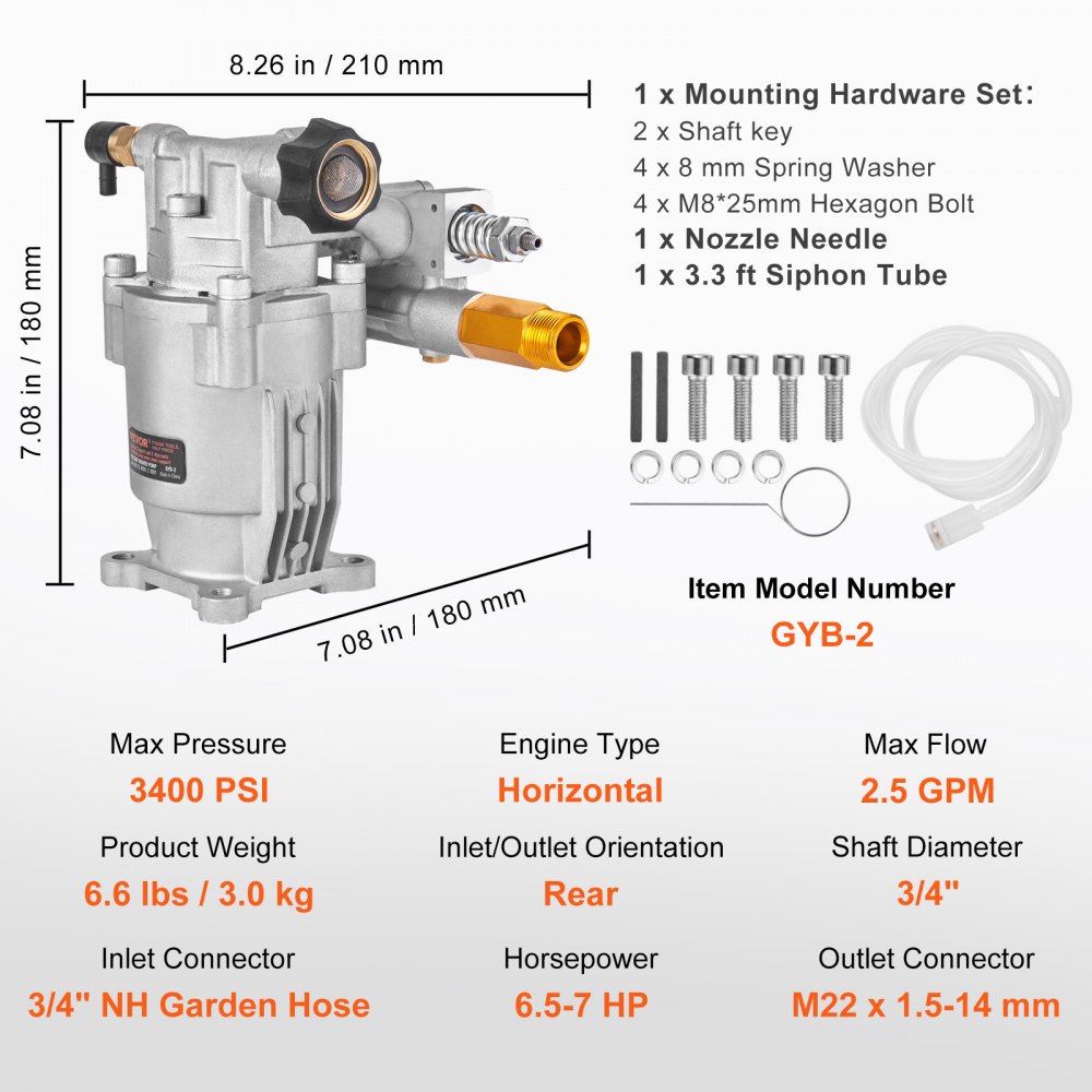 VEVOR Ersatzpumpe für Hochdruckreiniger, 19,05 mm Welle, horizontal, 234 bar, 11 L/min Durchfluss, Hochdruckreinigerpumpe, zum Waschen von Wänden, Zäunen, Gehwegen, Fahrzeugen und mehr