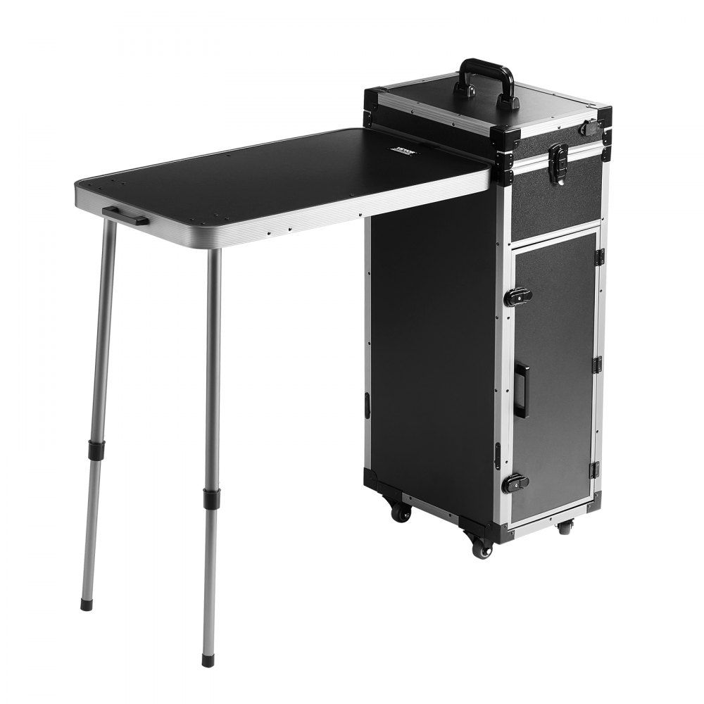 VEVOR Professioneller Make-up-Koffer aus Aluminium, Kosmetikkoffer, Werkbank mit Stützbeinen, Roll-Make-up-Koffer, extragroßer Trolley, Make-up-Reise-Organizer, mit 360° drehbaren Rädern, schwarz