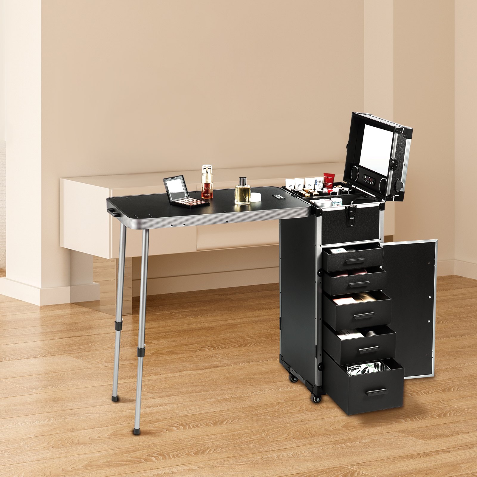 VEVOR Professioneller Make-up-Koffer aus Aluminium, Kosmetikkoffer, Werkbank mit Stützbeinen, Roll-Make-up-Koffer, extragroßer Trolley, Make-up-Reise-Organizer, mit 360° drehbaren Rädern, schwarz