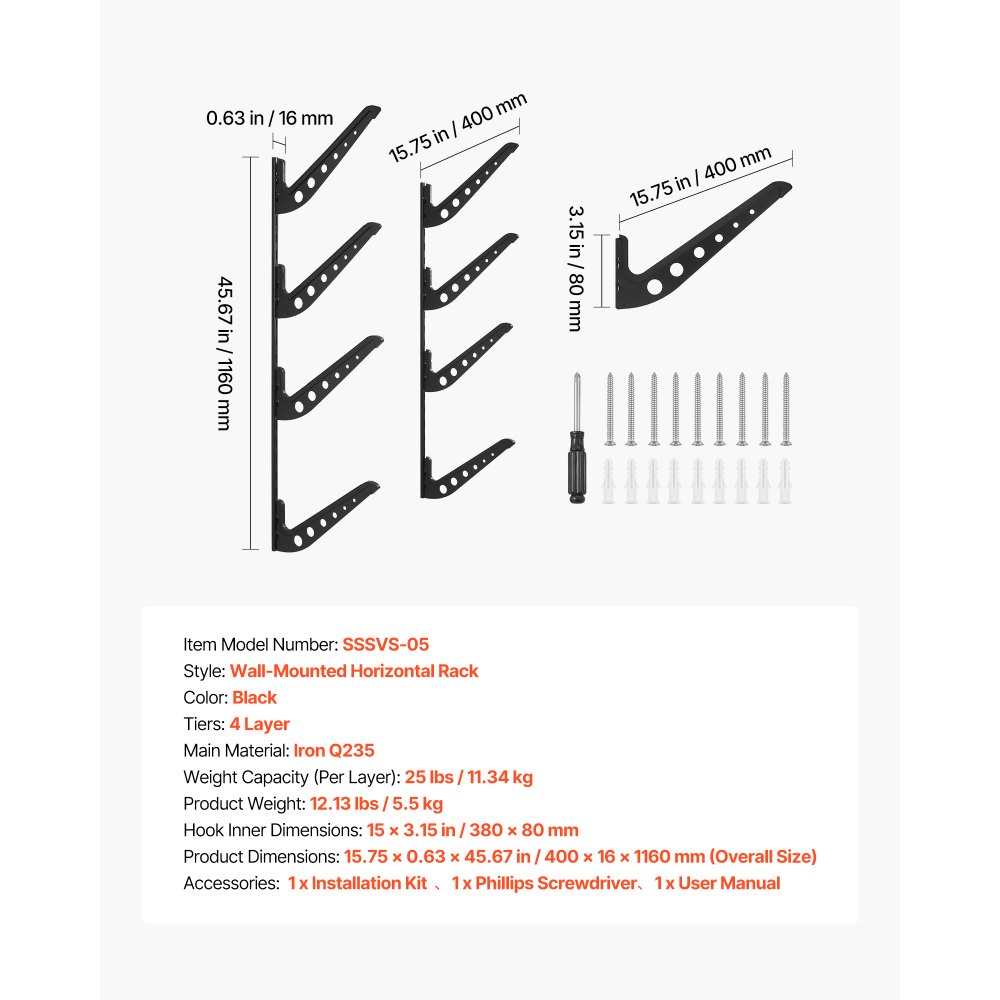 VEVOR Surfbrett-Wandhalterung (4 Ebenen) horizontales Surfbrett-Rack Aufhänger zur Aufbewahrung & Präsentation, höhenverstellbarer Organizer für Kiteboards Shortboards Skier Snowboards Schwarz
