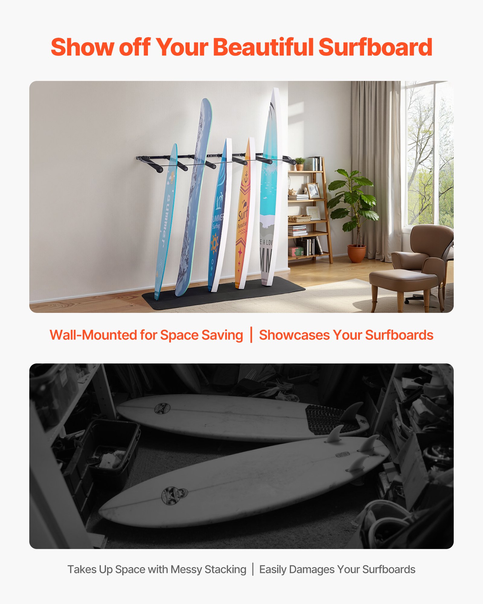 VEVOR Surfbrett-Wandhalterung (5 Ebenen) vertikales Surfbrett-Rack Aufhänger zur Aufbewahrung & Präsentation, verstellbarer Organizer für Kiteboards Shortboards Skier Snowboards Schwarz