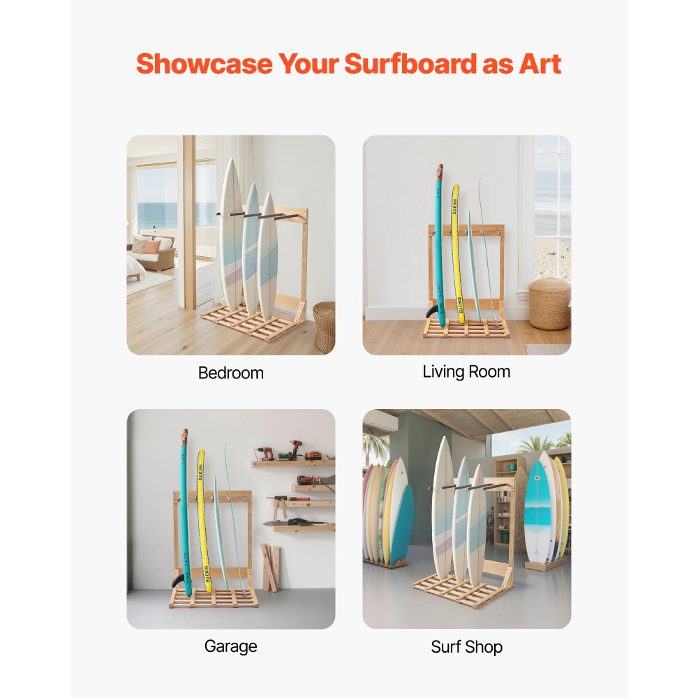 VEVOR vertikaler Surfbrettständer 4-stufiges Surfbrettregal aus Holz zur Aufbewahrung & Präsentation, freistehender Boardständer-Organizer Surfbretthalter Rack für Wakeboard Snowboard Skier