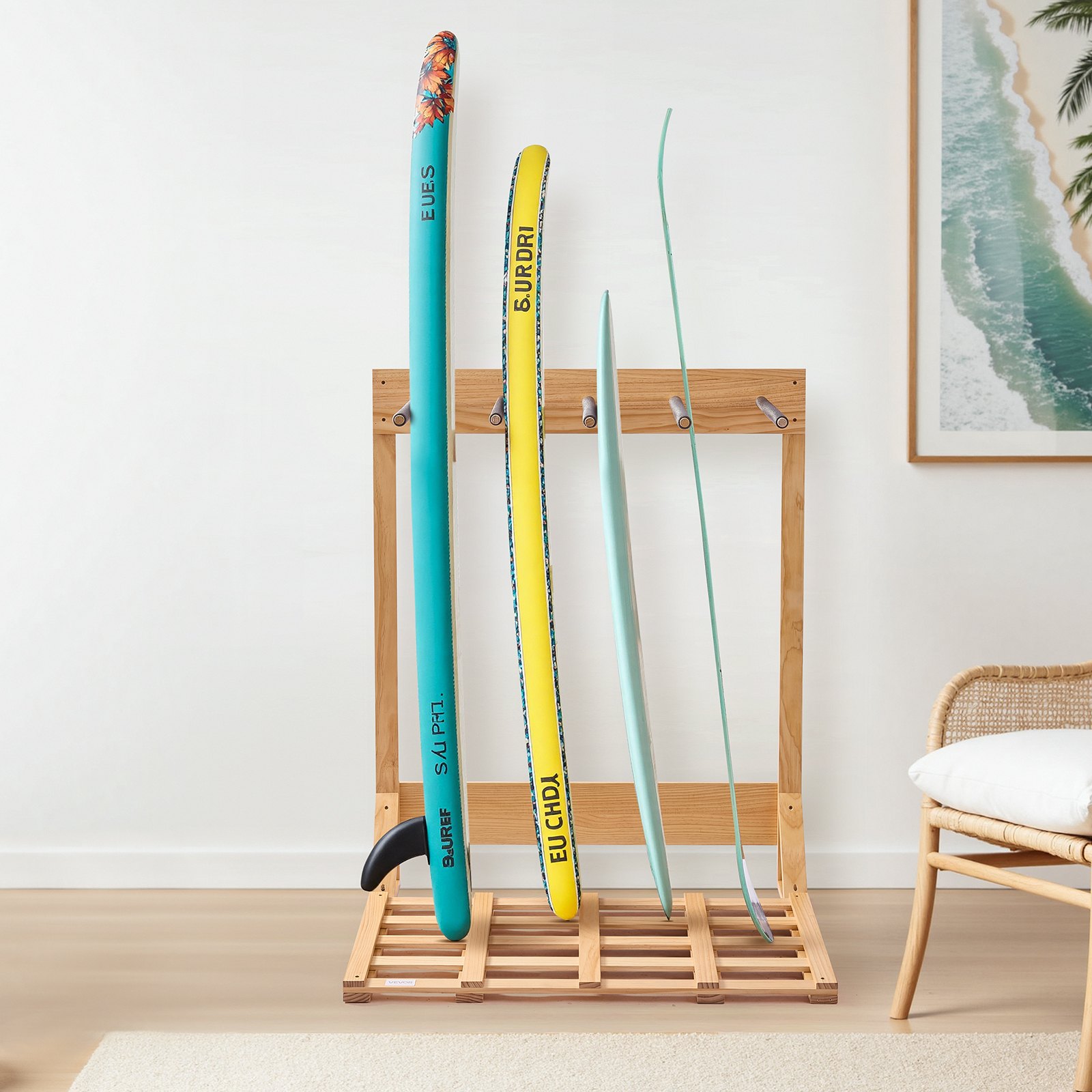 VEVOR vertikaler Surfbrettständer 4-stufiges Surfbrettregal aus Holz zur Aufbewahrung & Präsentation, freistehender Boardständer-Organizer Surfbretthalter Rack für Wakeboard Snowboard Skier