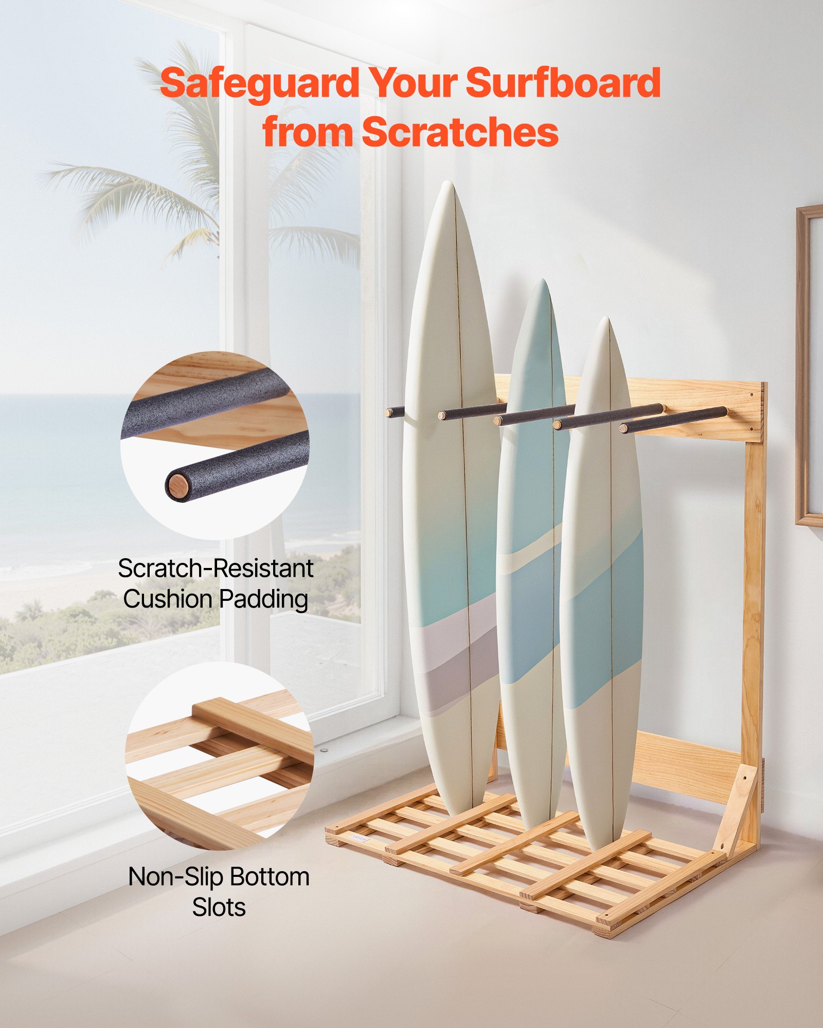 VEVOR Vertical Surfboard Stand, 4 Tiers Wooden Surfboard Rack for Storage and Display, Freestanding Board Stand Organizer, Surf Board Holder for Wakeboards, Snowboards, Kiteboards, Shortboard, Skis
