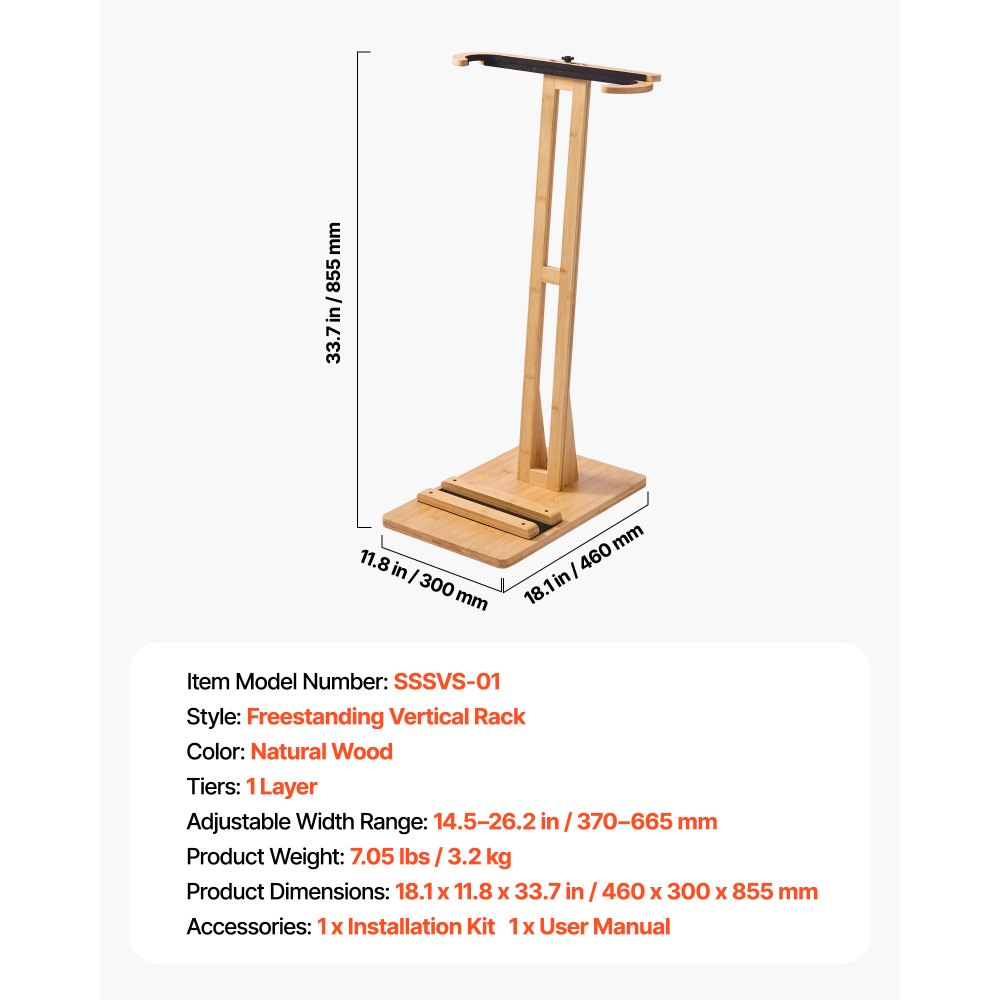 VEVOR vertikaler Surfbrettständer Surfbrettregal aus Holz zur Aufbewahrung (einstellbar 370-665 mm), freistehender Boardständer-Organizer mit Korkpolsterung, für Wakeboard Snowboard Kiteboard