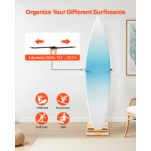 VEVOR vertikaler Surfbrettständer Surfbrettregal aus Holz zur Aufbewahrung (einstellbar 370-665 mm), freistehender Boardständer-Organizer mit Korkpolsterung, für Wakeboard Snowboard Kiteboard