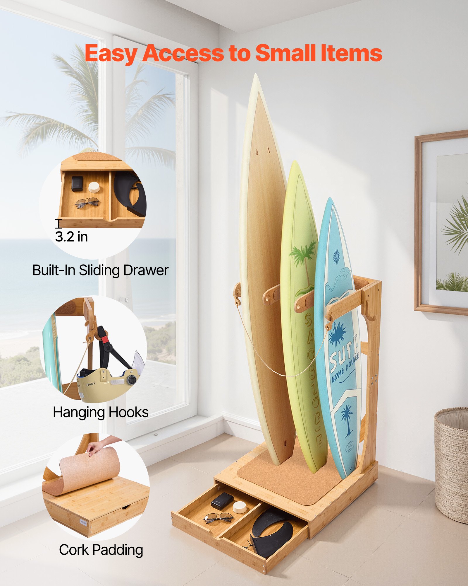 VEVOR Vertikaler Surfbrettständer 3-stufiges Surfbrettregal aus Holz zur Aufbewahrung & Präsentation, freistehender Boardständer-Organizer mit Holzhaken & Korkpolsterung & Schubladen