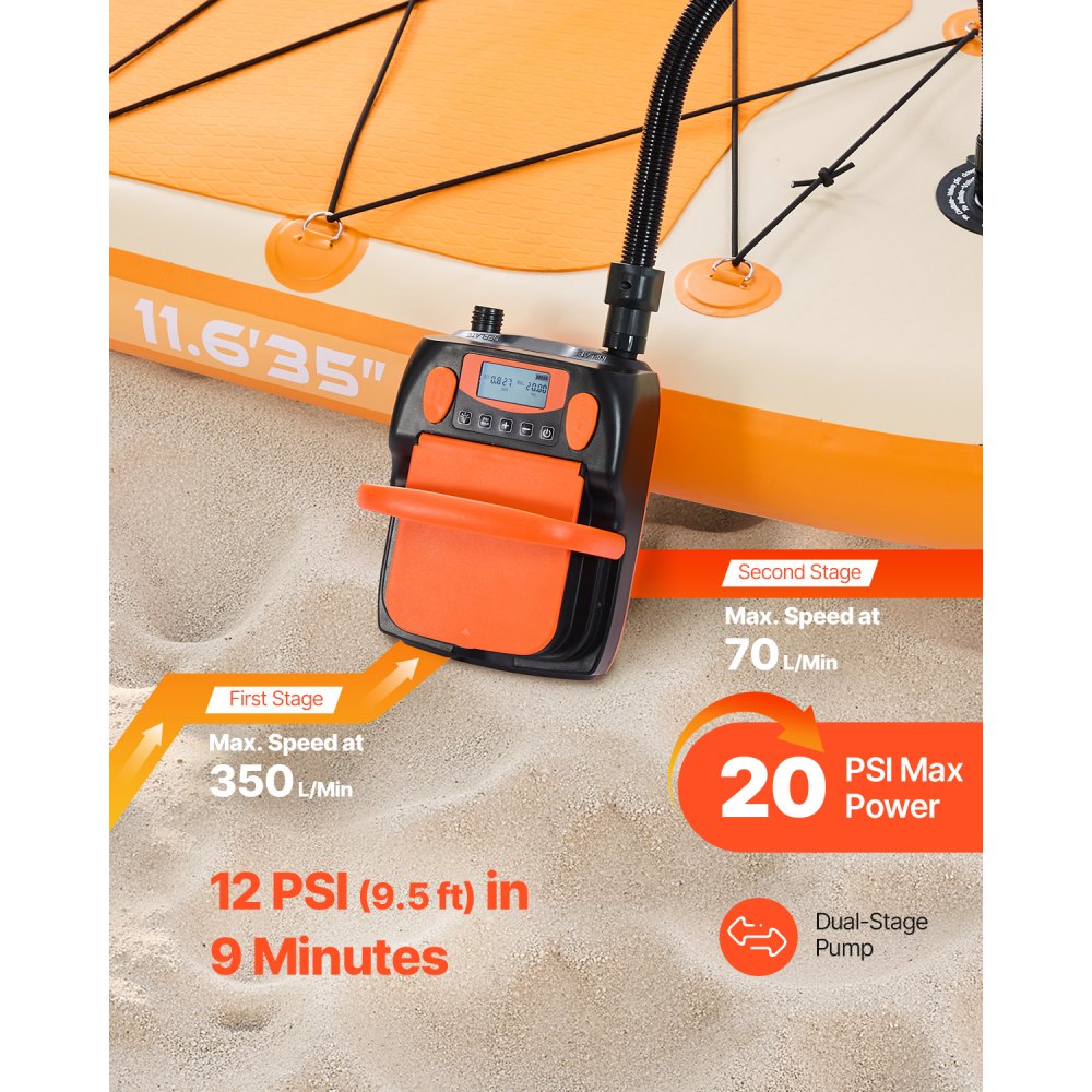 VEVOR Paddleboard Pump (20 PSI) with USB Output, Two-Stage Electric SUP Air Pump with Automatic Shut-Off & LED Light, Inflation & Deflation 12V DC, Ideal for Inflatable Boats and Mattresses