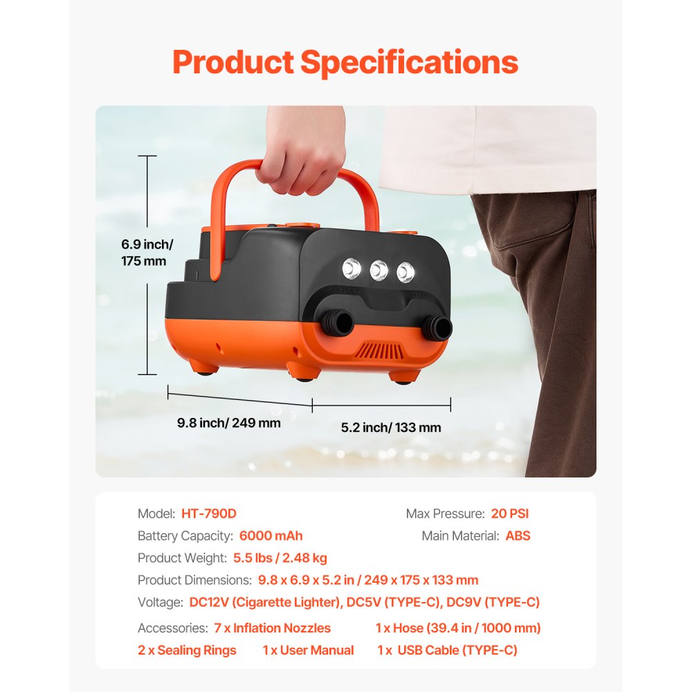VEVOR Paddleboard Pump (20 PSI) with USB Output, Two-Stage Electric SUP Air Pump with Automatic Shut-Off & LED Light, Inflation & Deflation 12V DC, Ideal for Inflatable Boats and Mattresses