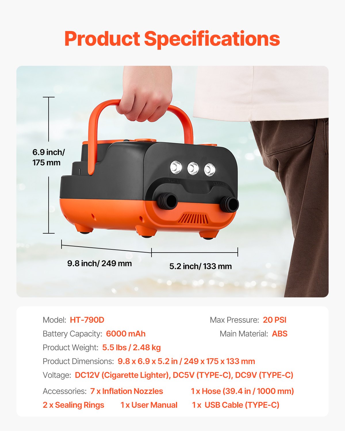 VEVOR Paddleboard Pump (20 PSI) with USB Output, Two-Stage Electric SUP Air Pump with Automatic Shut-Off & LED Light, Inflation & Deflation 12V DC, Ideal for Inflatable Boats and Mattresses