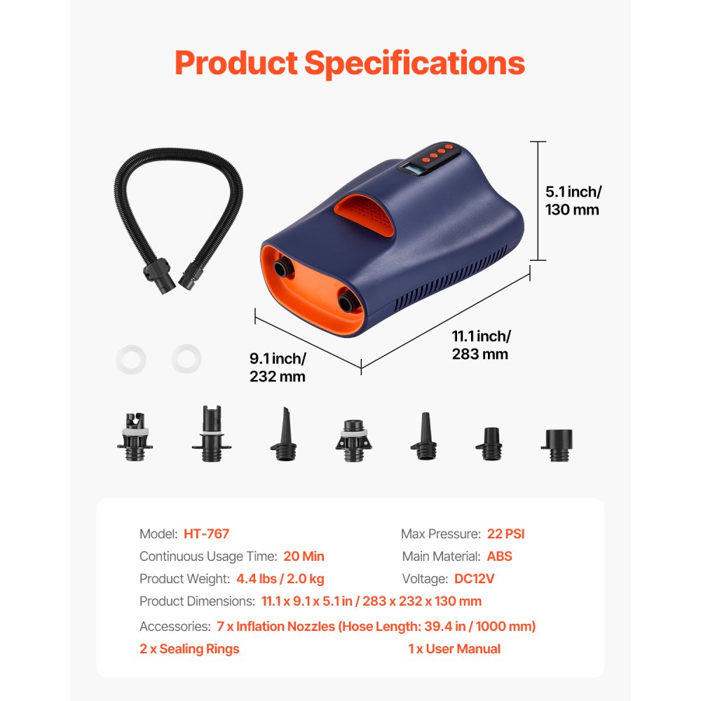 VEVOR Paddleboard Pump (22 PSI) Two-stage electric SUP air pump with automatic shut-off & 12V DC connection, inflates & deflates, ideal for inflatable paddleboards, tents, and mattresses